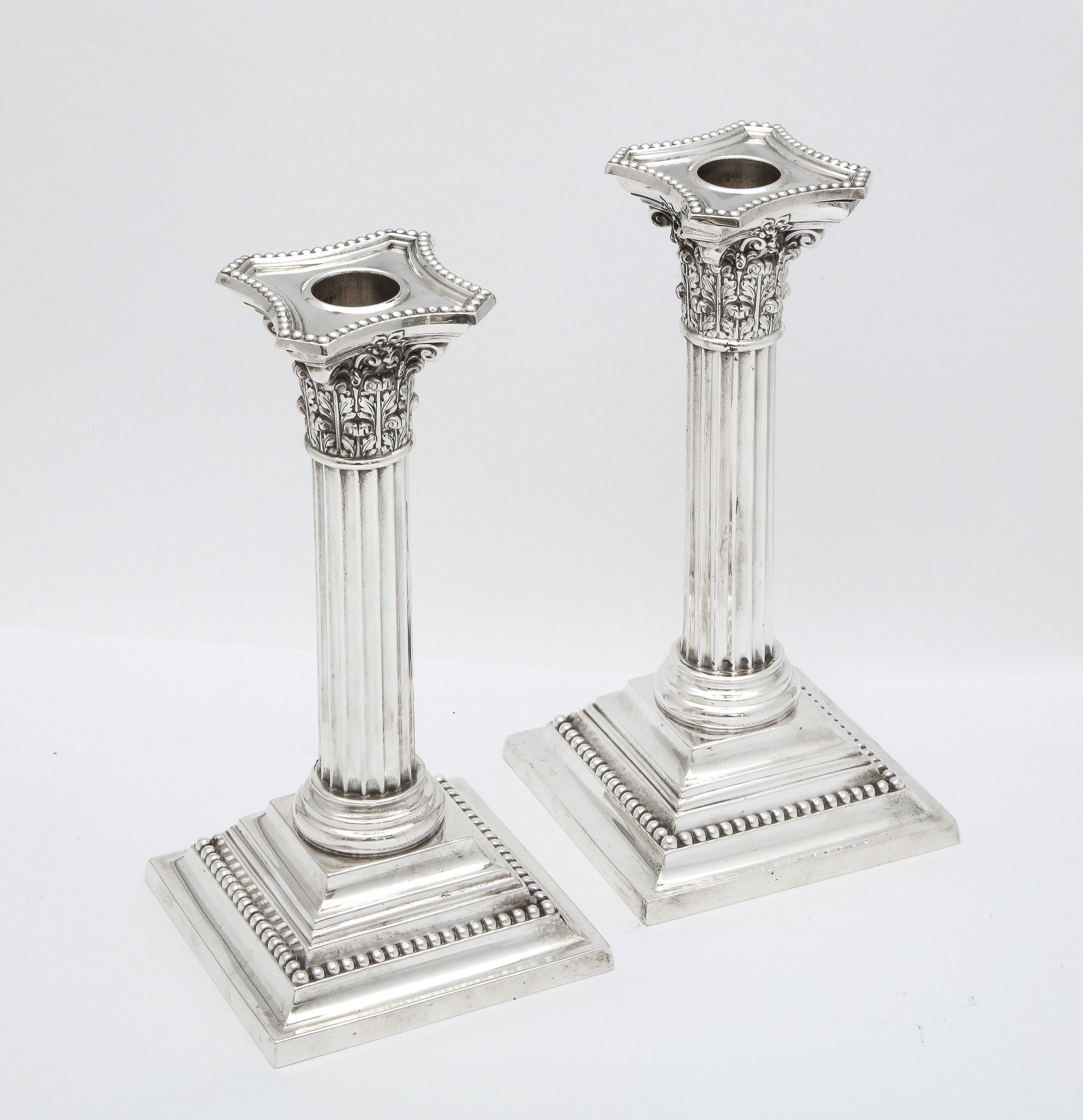 Pair of Sterling Silver Neoclassical-Style Corinthian Column-Form Candlesticks 11