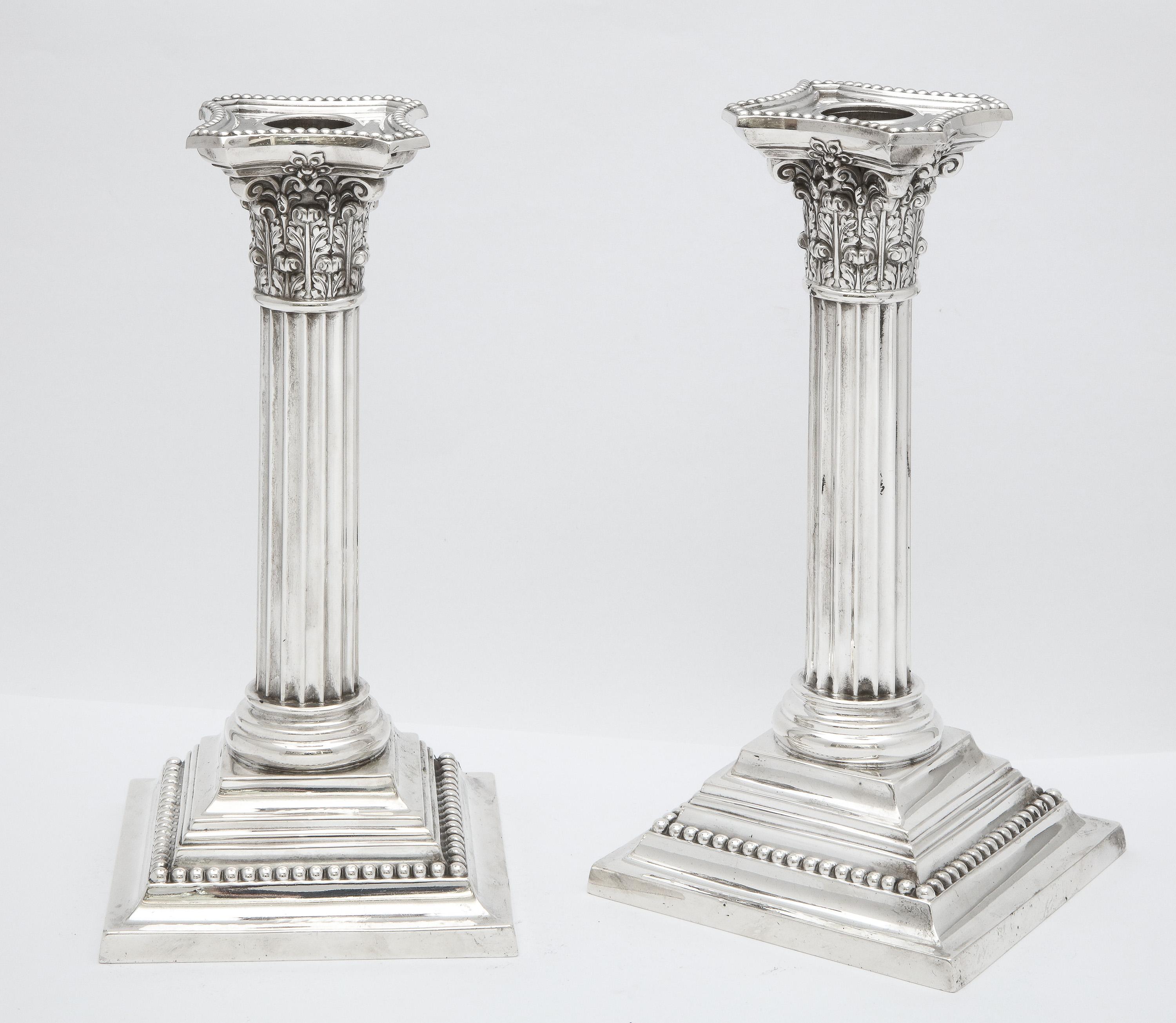 American Pair of Sterling Silver Neoclassical-Style Corinthian Column-Form Candlesticks