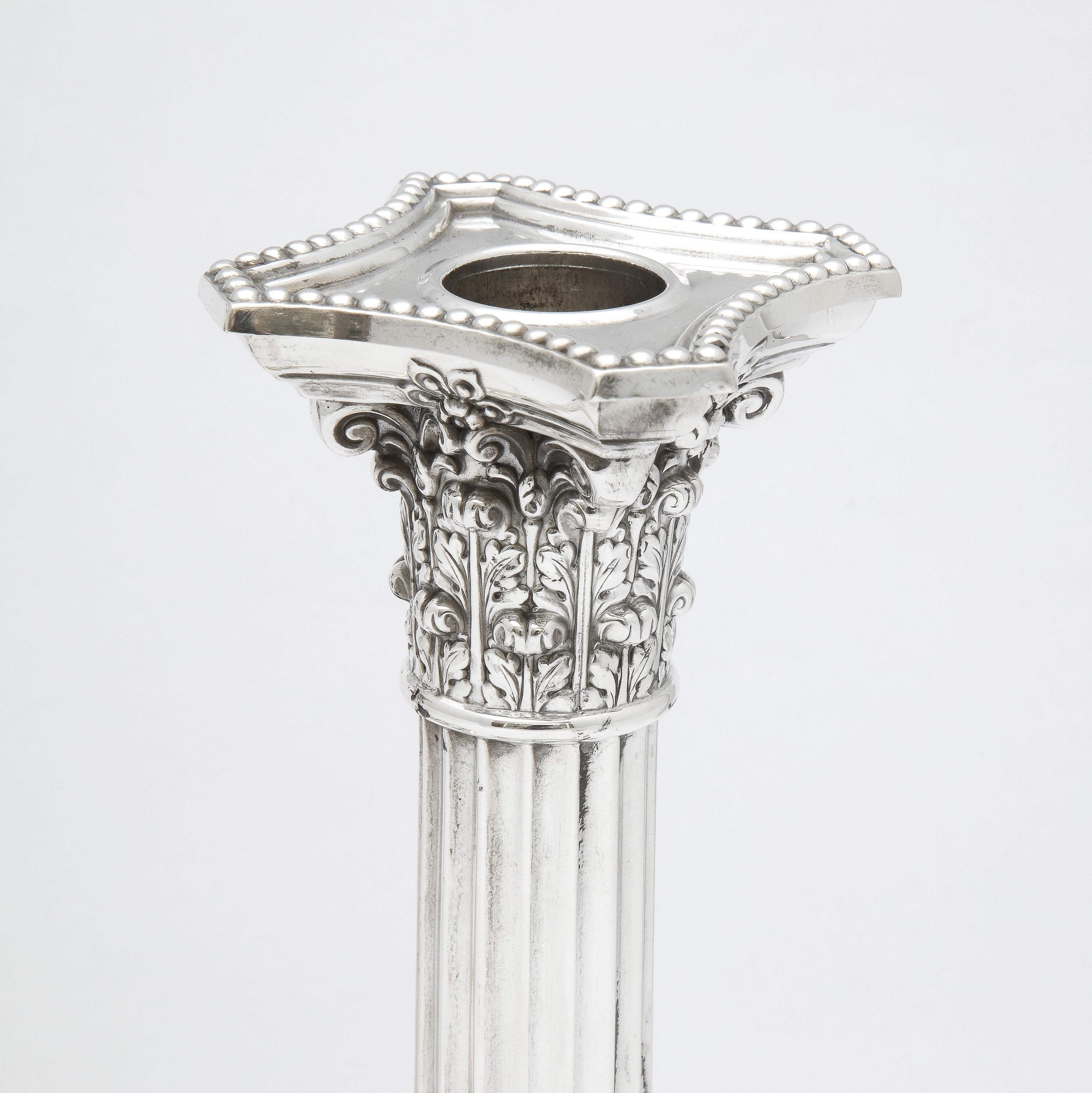 Pair of Sterling Silver Neoclassical-Style Corinthian Column-Form Candlesticks 1