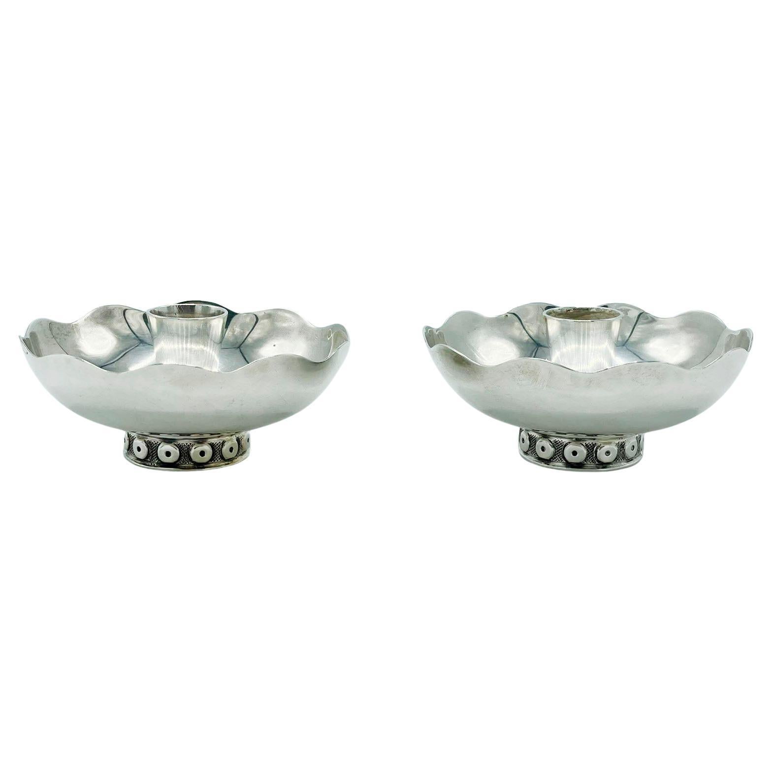 Pair of sterling Silver Pedestal Dish Tray Candle Holder by Tane Orfebres For Sale