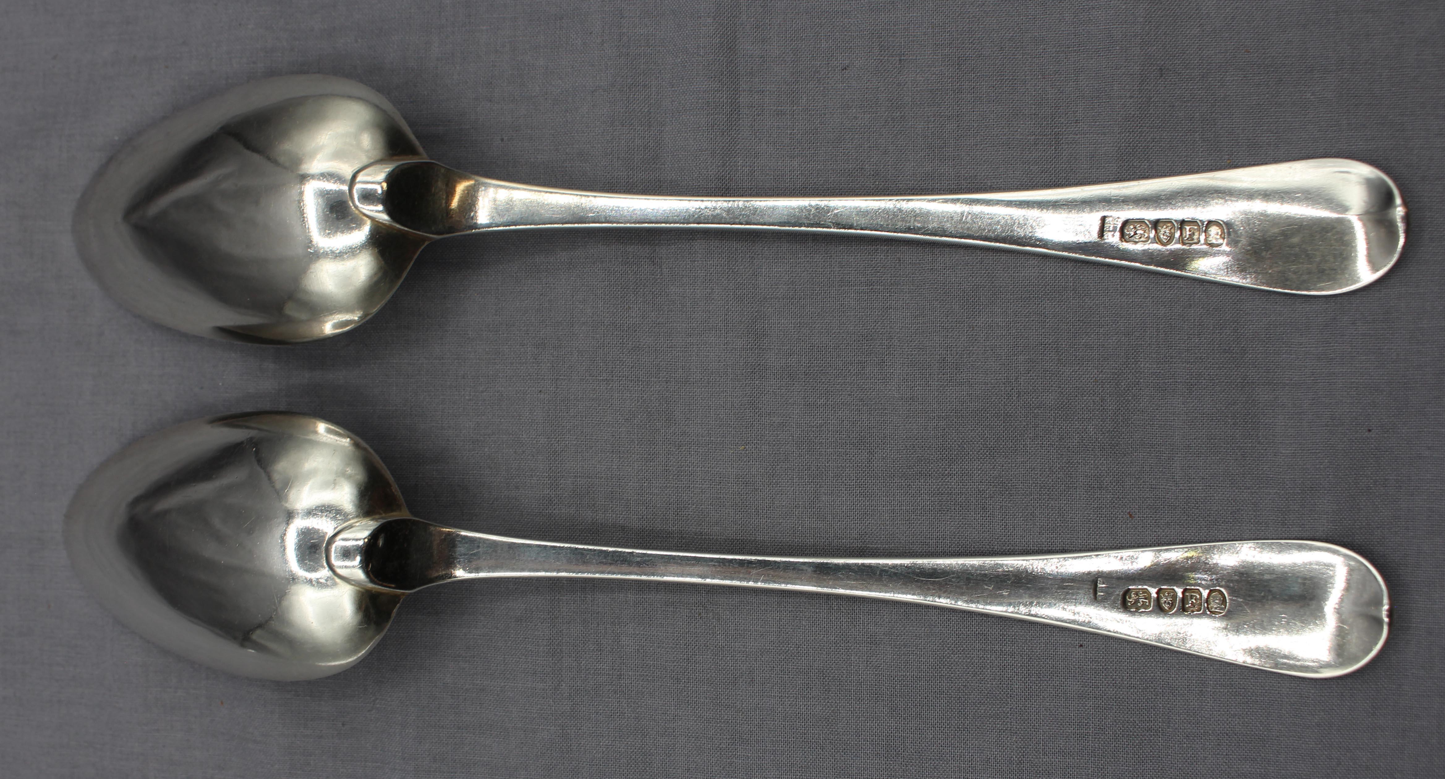 Pair of sterling silver Peter, Anne & William Bateman tablespoons, London, 1801. Old English Thread pattern with a 