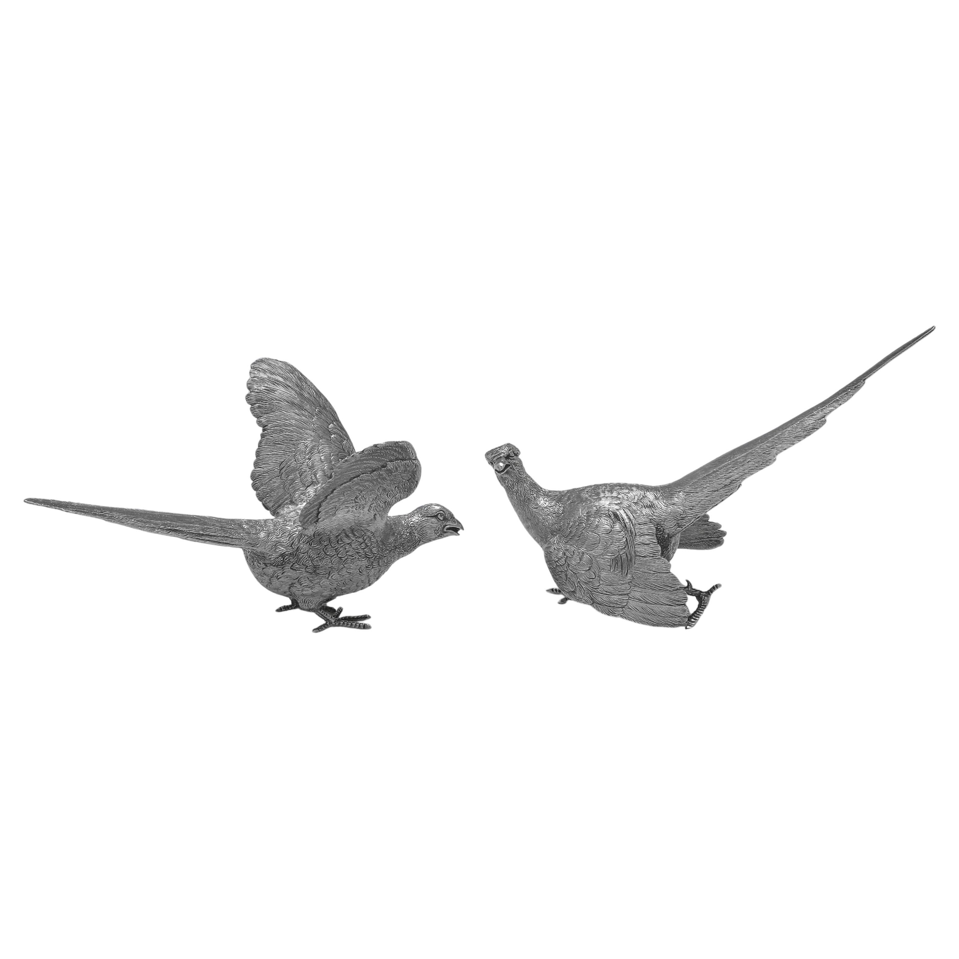 Pair of sterling silver pheasant models made by C J Vander in 1993 - 1013g