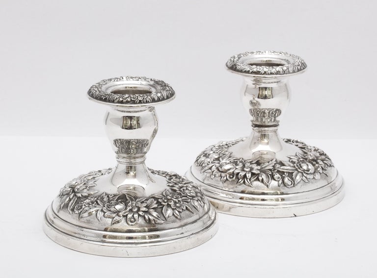 Victorian Pair of Sterling Silver Repousse Pattern Candlesticks by S. Kirk and Sons For Sale