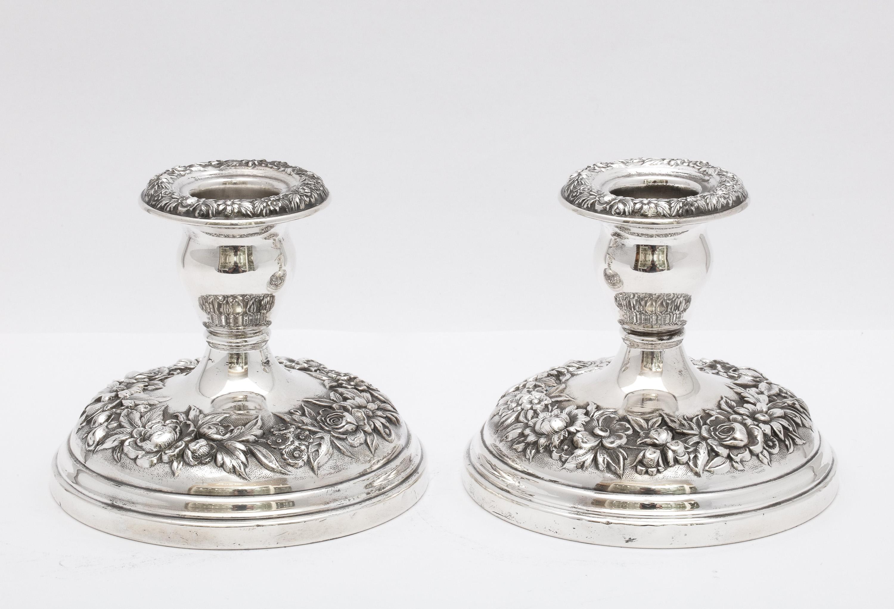 Victorian Pair of Sterling Silver Repousse Pattern Candlesticks by S. Kirk and Sons For Sale