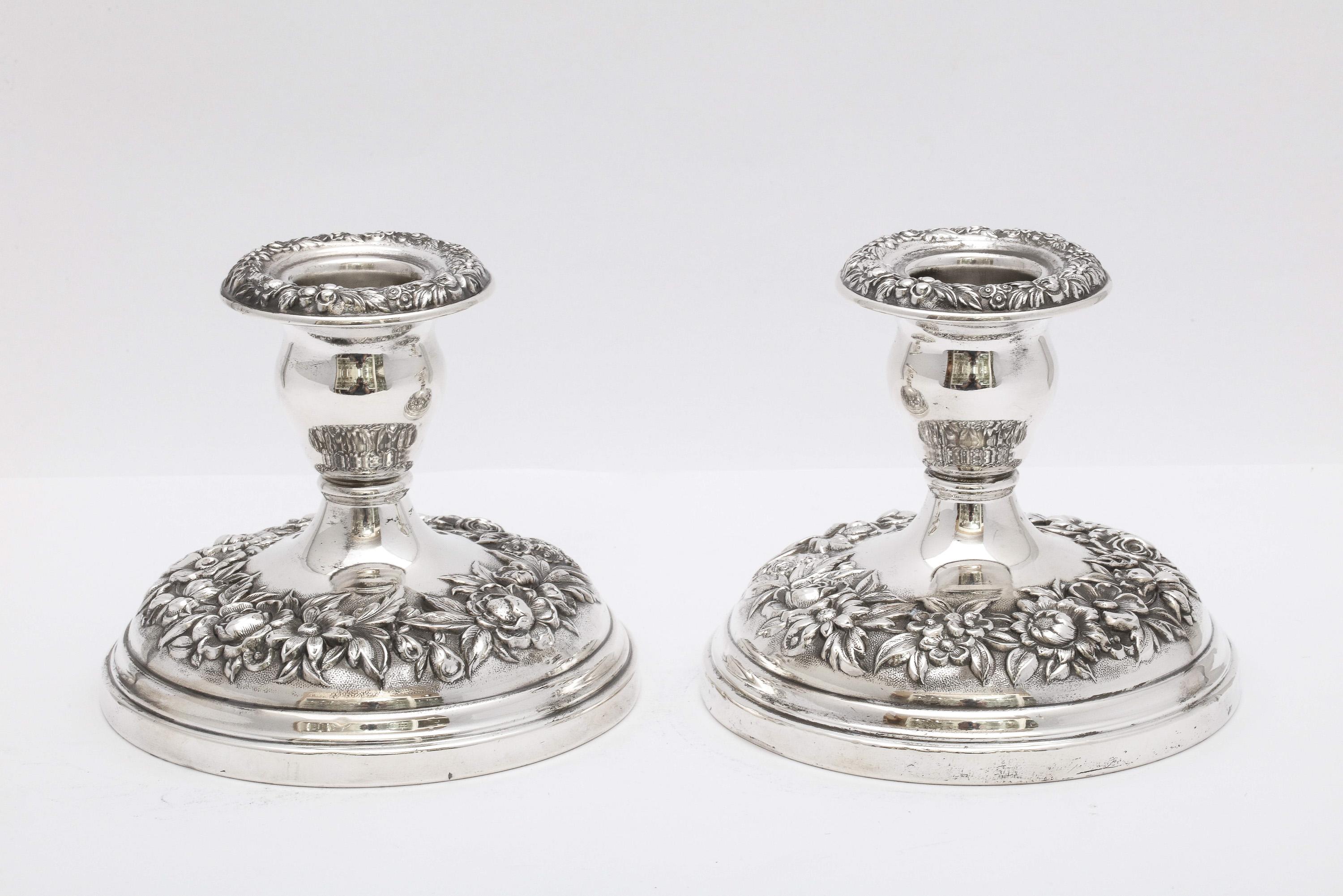 American Pair of Sterling Silver Repousse Pattern Candlesticks by S. Kirk and Sons For Sale