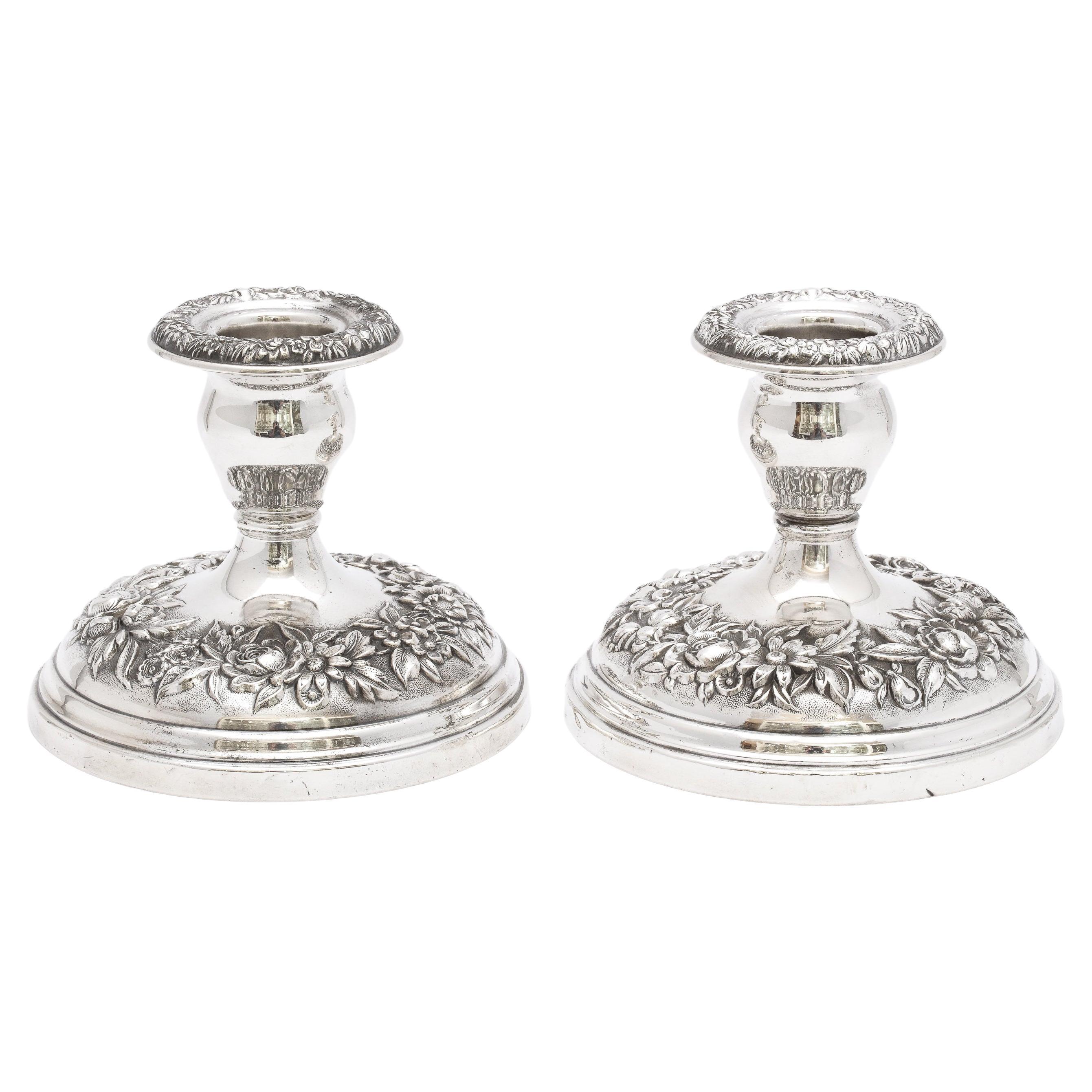 Pair of Sterling Silver Repousse Pattern Candlesticks by S. Kirk and Sons
