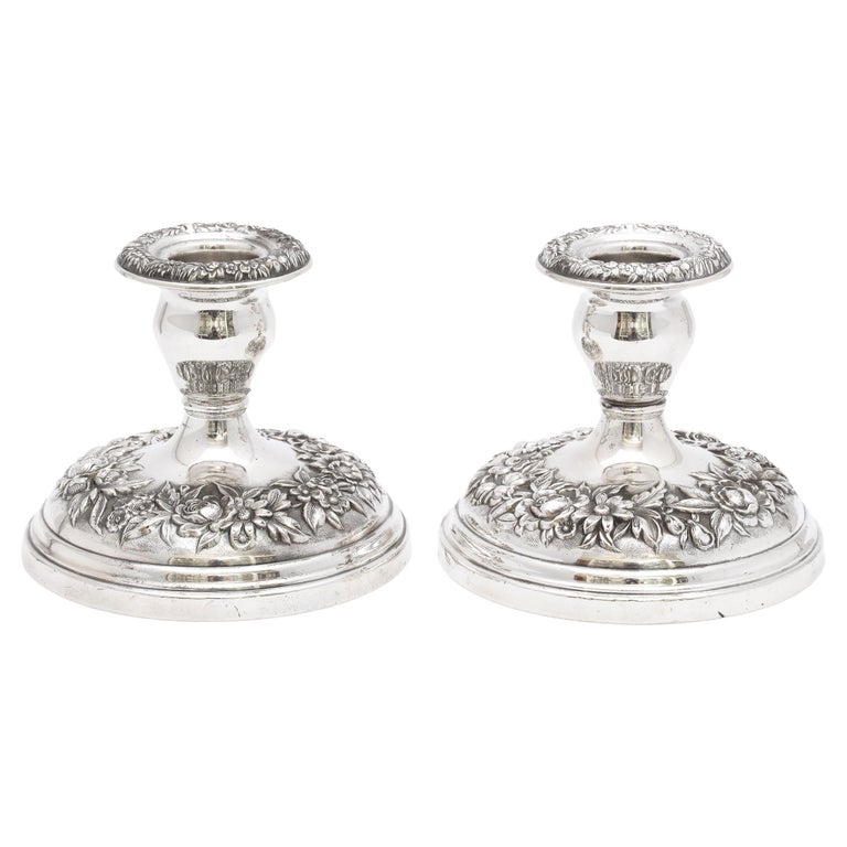 Pair of Sterling Silver Repousse Pattern Candlesticks by S. Kirk and Sons For Sale