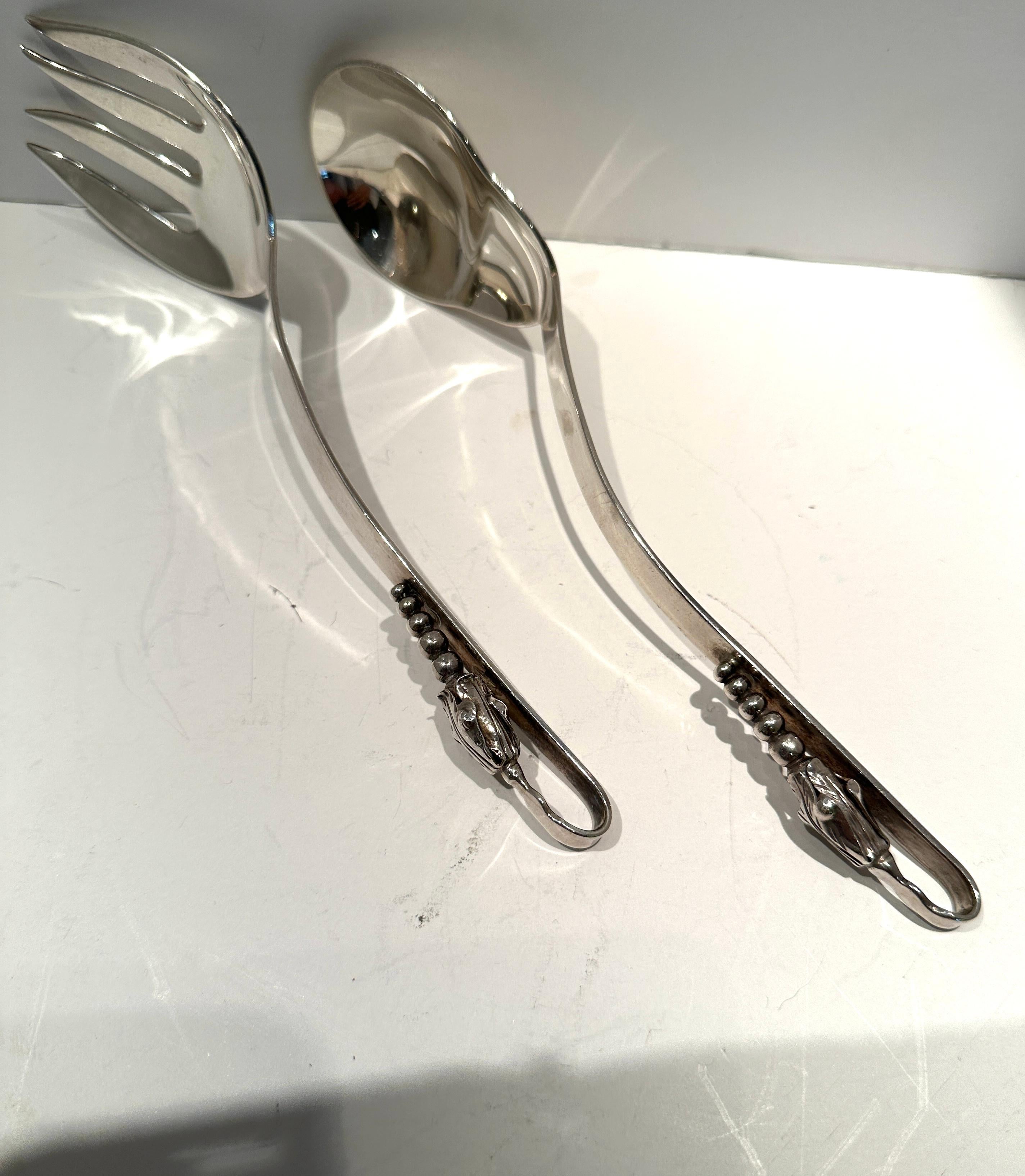 Hand-Crafted Pair of Sterling Silver Salad Serving Set For Sale