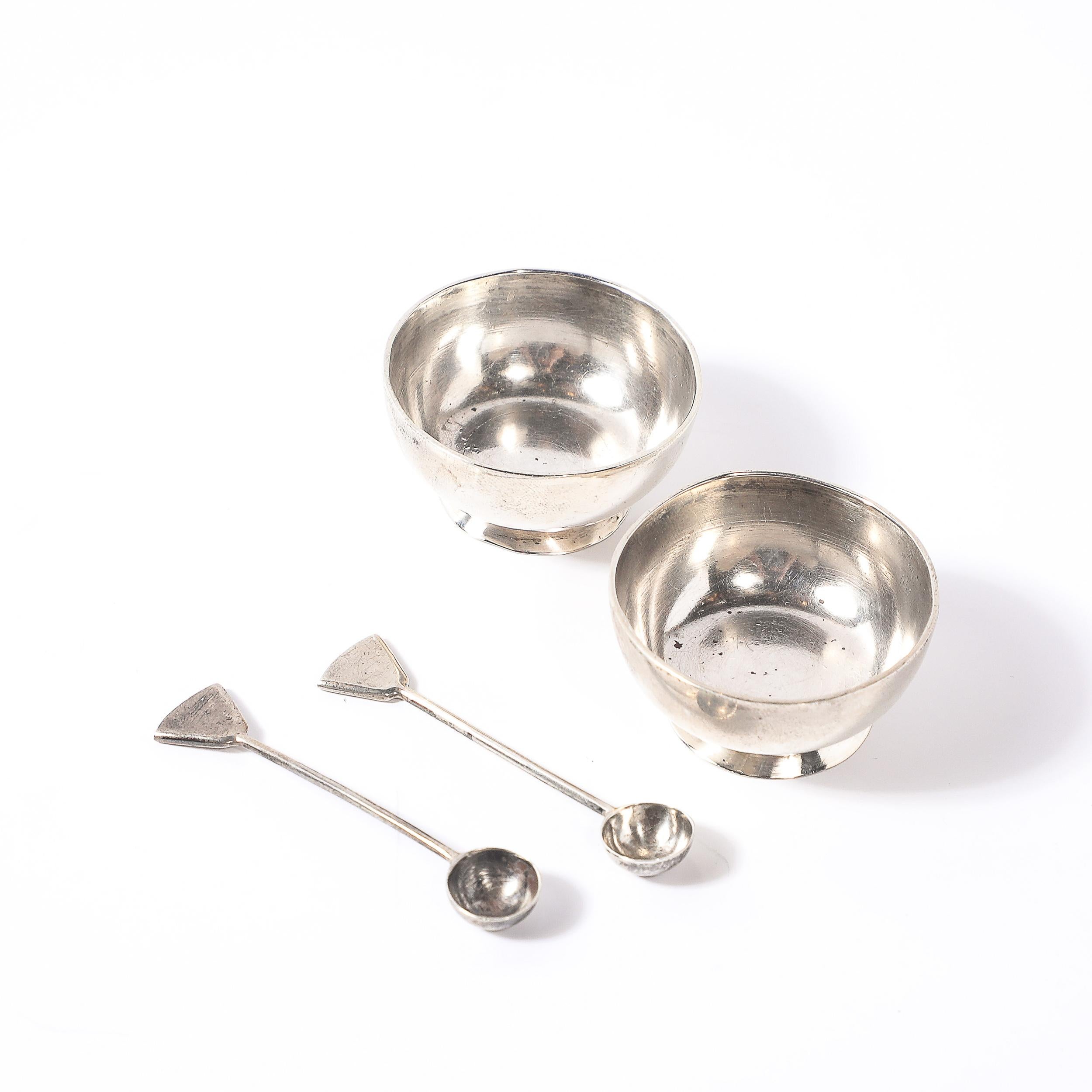 Pair of Sterling Silver Salt Cellars with Spoons signed Marcia For Sale 5