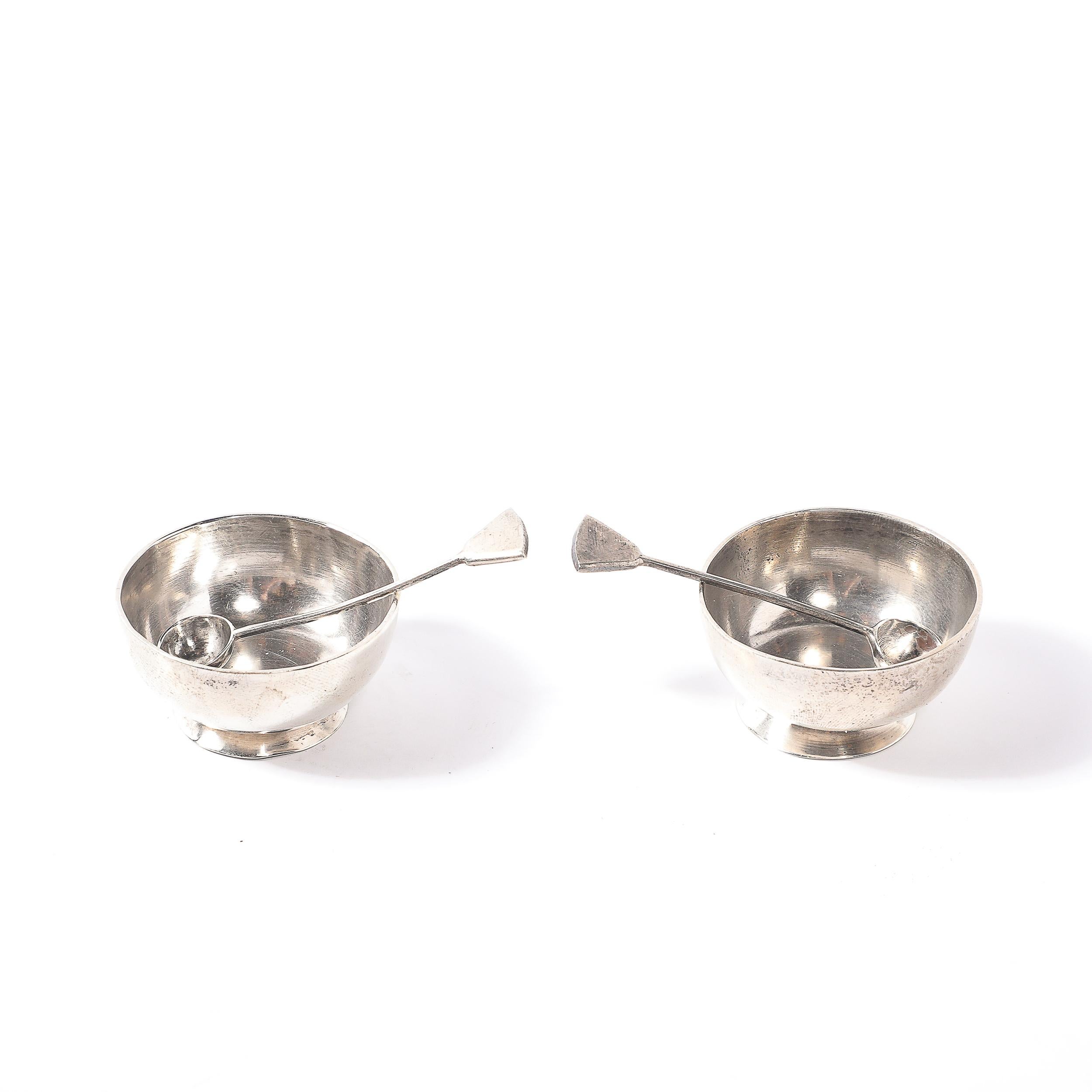 Mid-Century Modern Pair of Sterling Silver Salt Cellars with Spoons signed Marcia For Sale