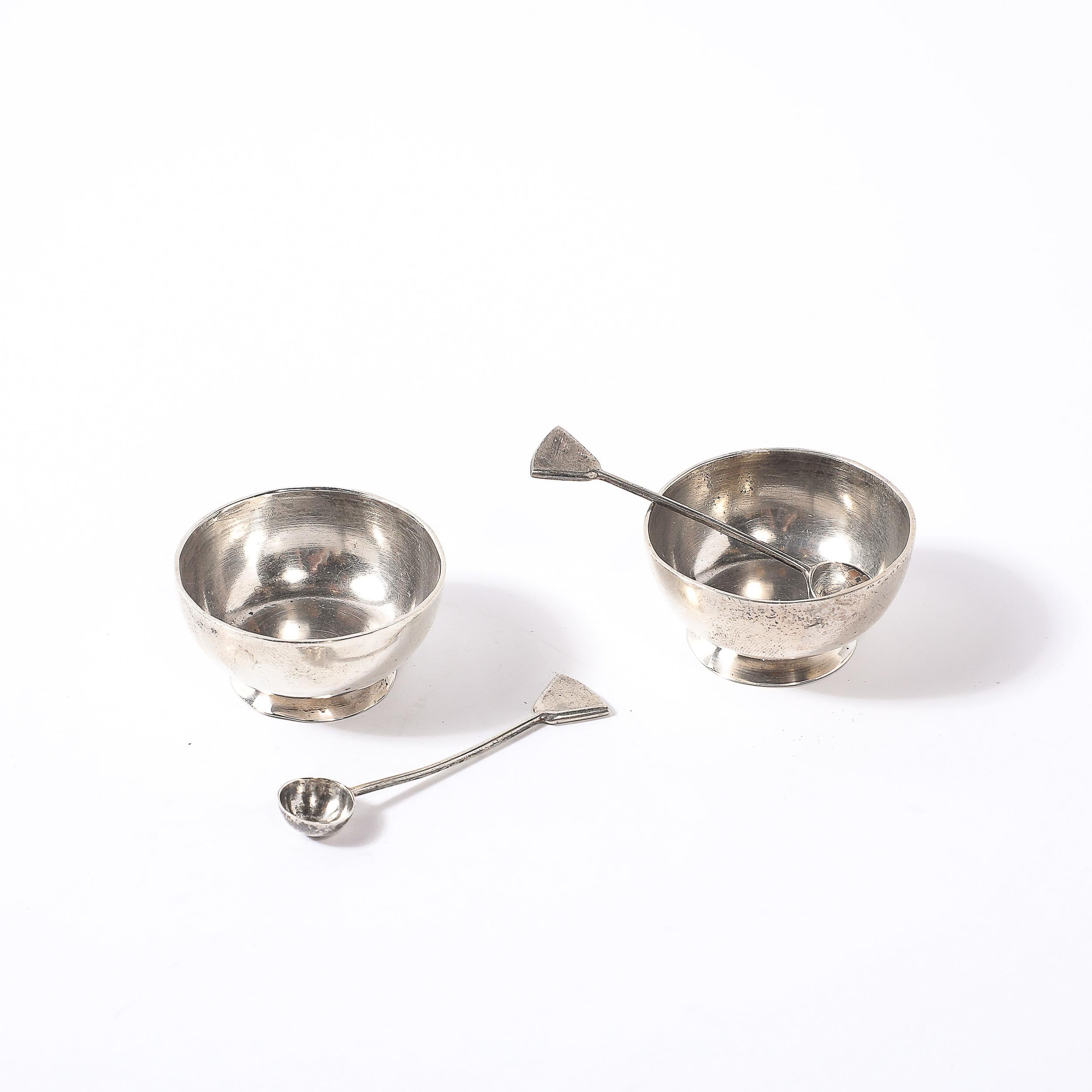 Mexican Pair of Sterling Silver Salt Cellars with Spoons signed Marcia For Sale