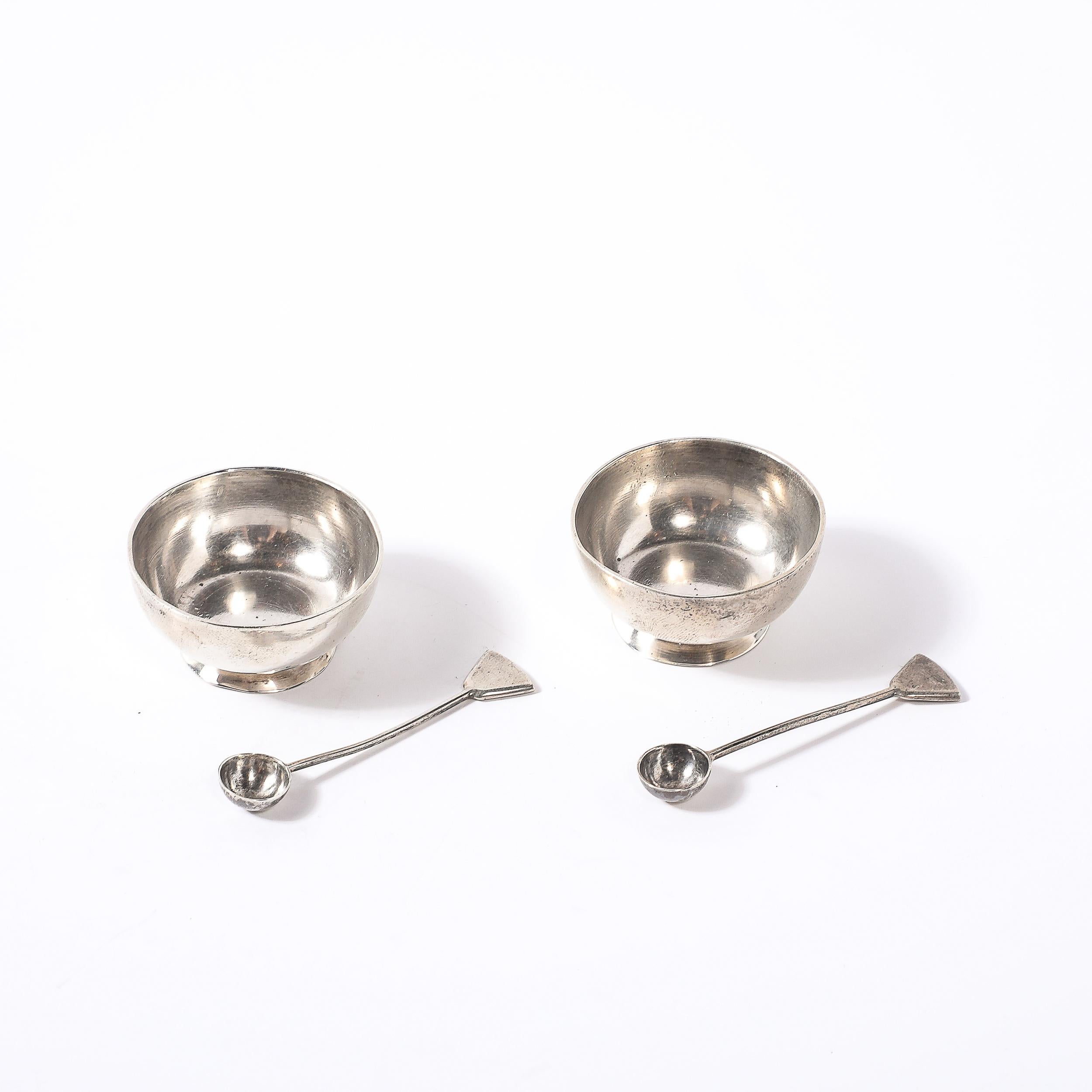Pair of Sterling Silver Salt Cellars with Spoons signed Marcia In Excellent Condition For Sale In New York, NY
