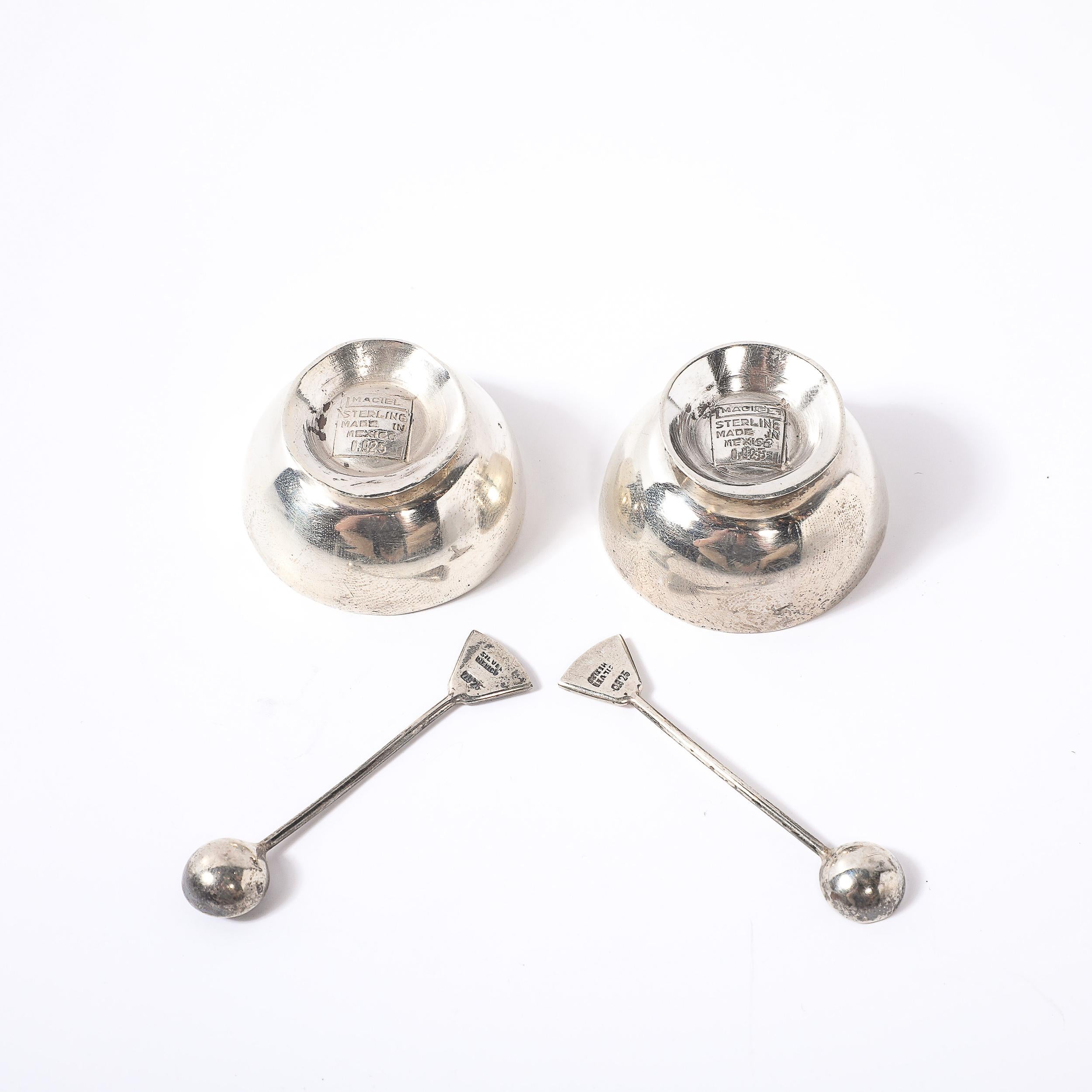 Pair of Sterling Silver Salt Cellars with Spoons signed Marcia For Sale 2
