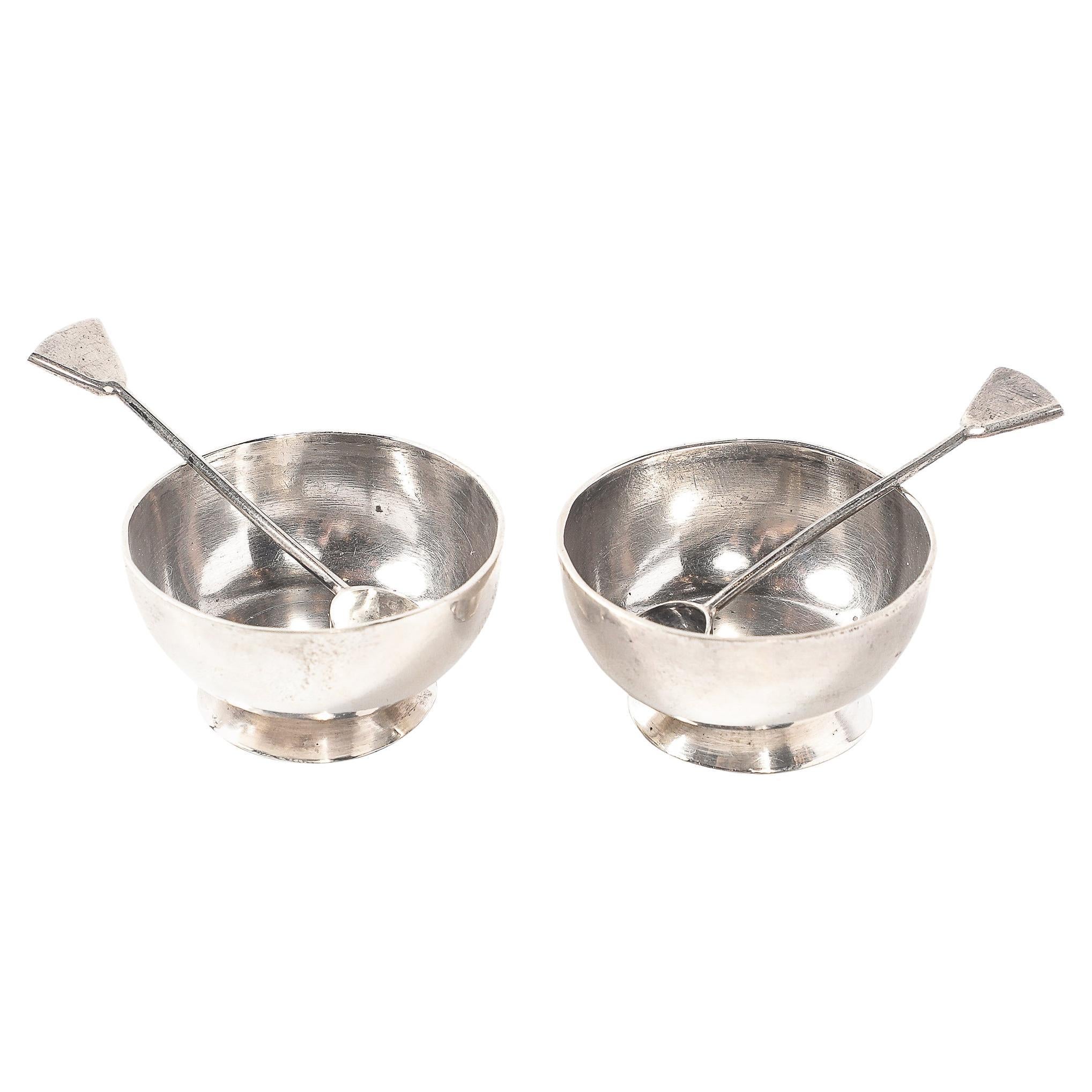 Pair of Sterling Silver Salt Cellars with Spoons signed Marcia For Sale