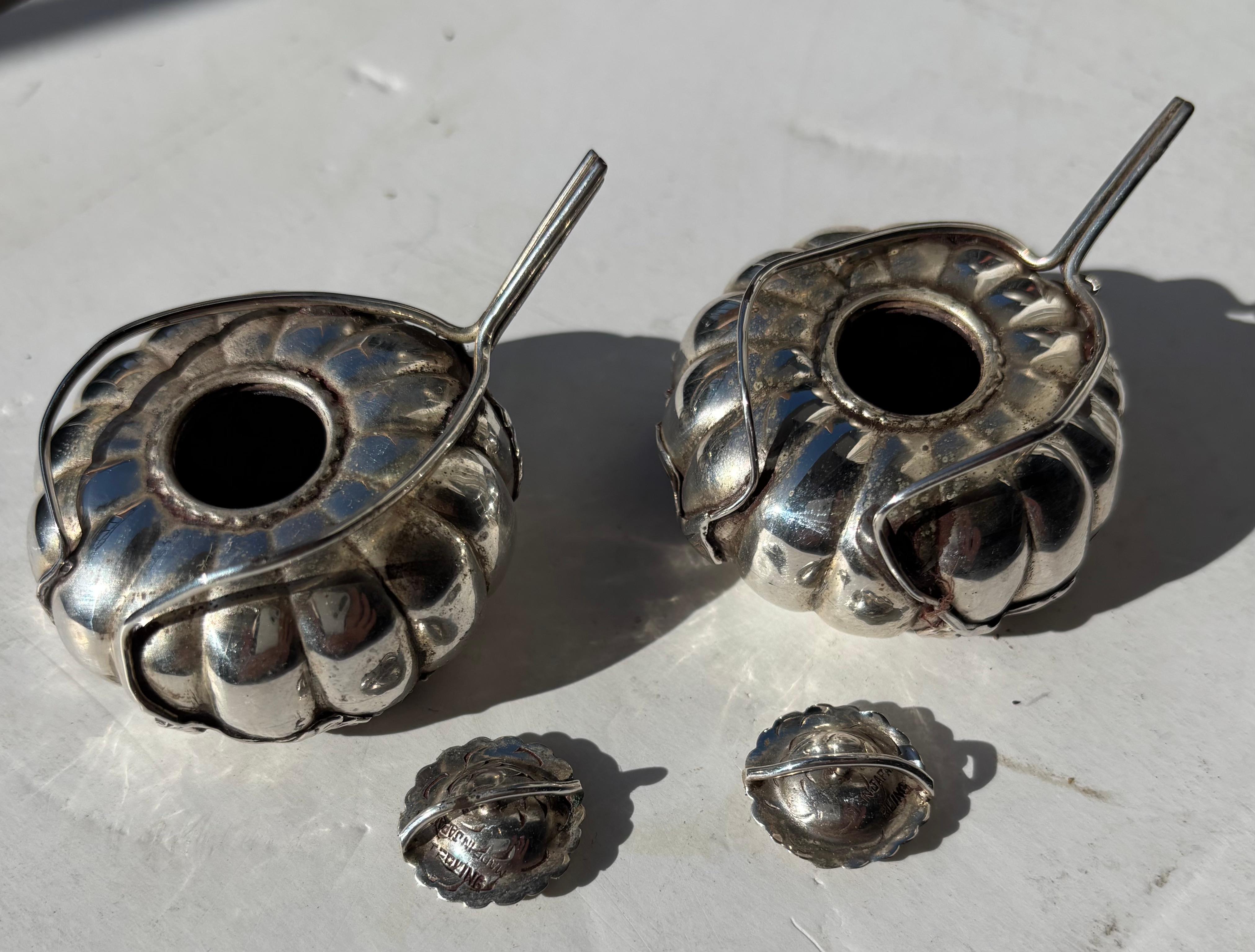 Metalwork Pair of Sterling Silver salt shakers / cellars , pumpkin / flower lotus , Japan For Sale