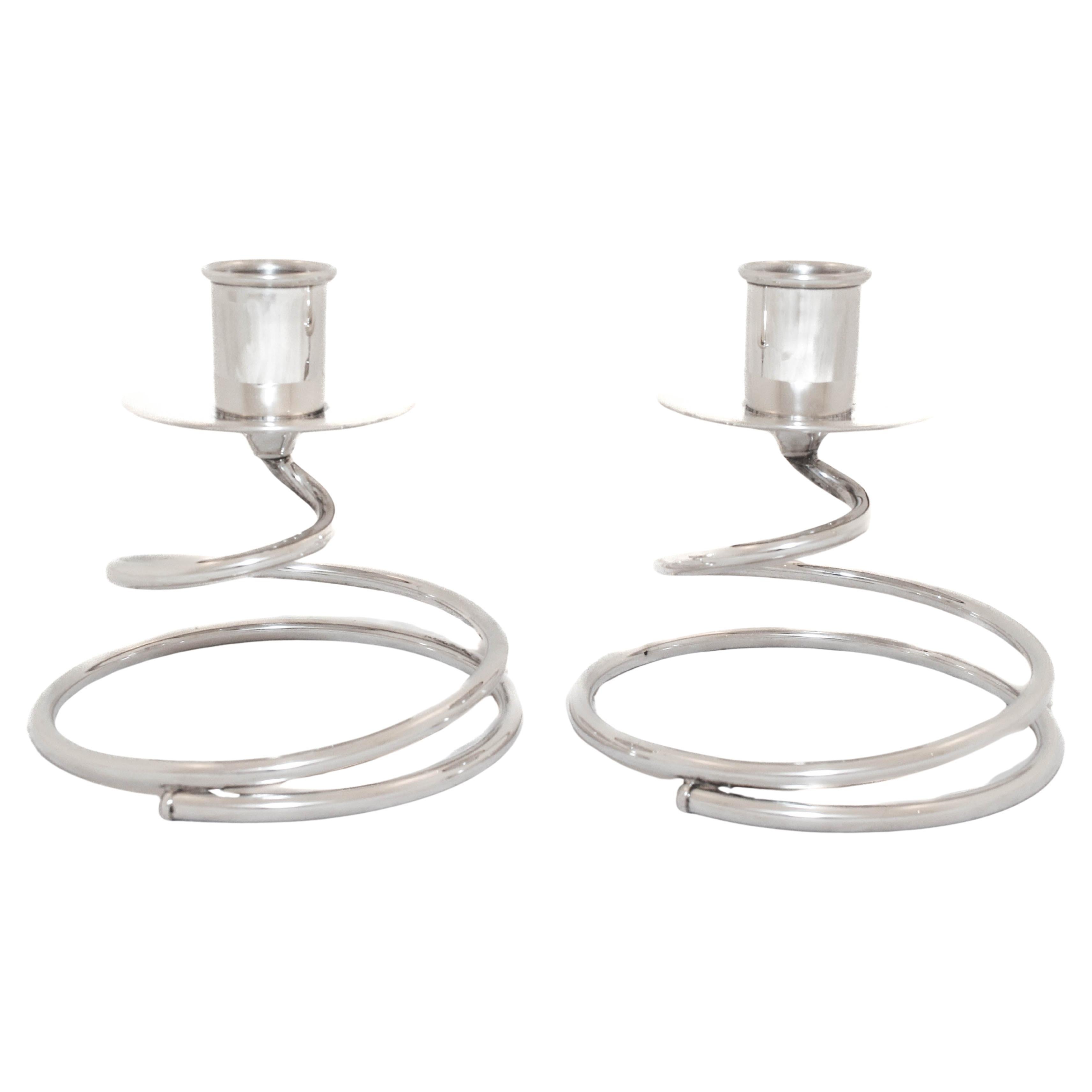 Pair of Sterling Silver Spiral Candlesticks by Fisher Silversmiths For Sale