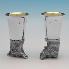 Pair of Sterling Silver Stirrup Cups - Fox & Dog Head - Camelot Silverware 1995