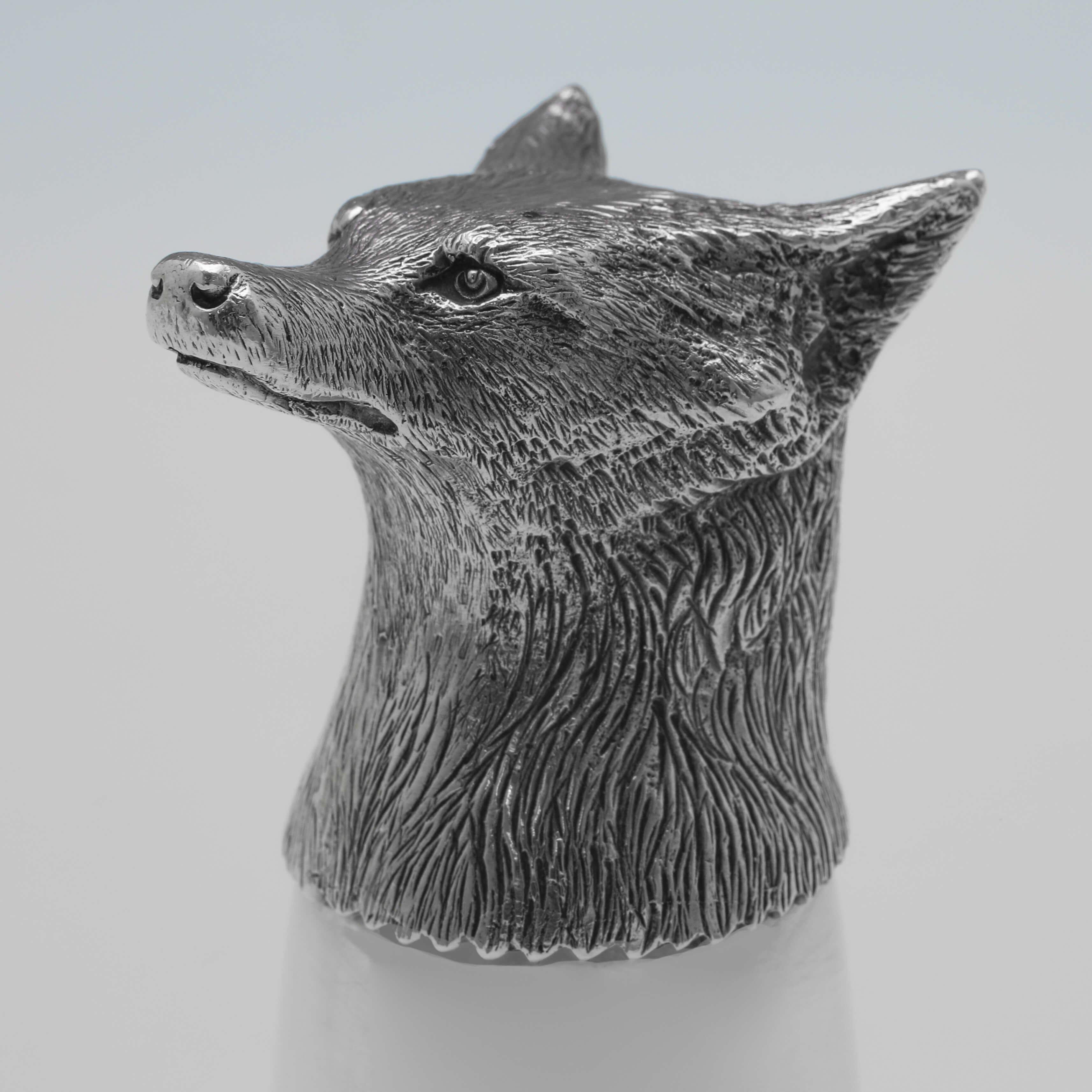 Late 20th Century Pair of Sterling Silver Stirrup Cups - Fox & Dog Head - Camelot Silverware 1995 For Sale