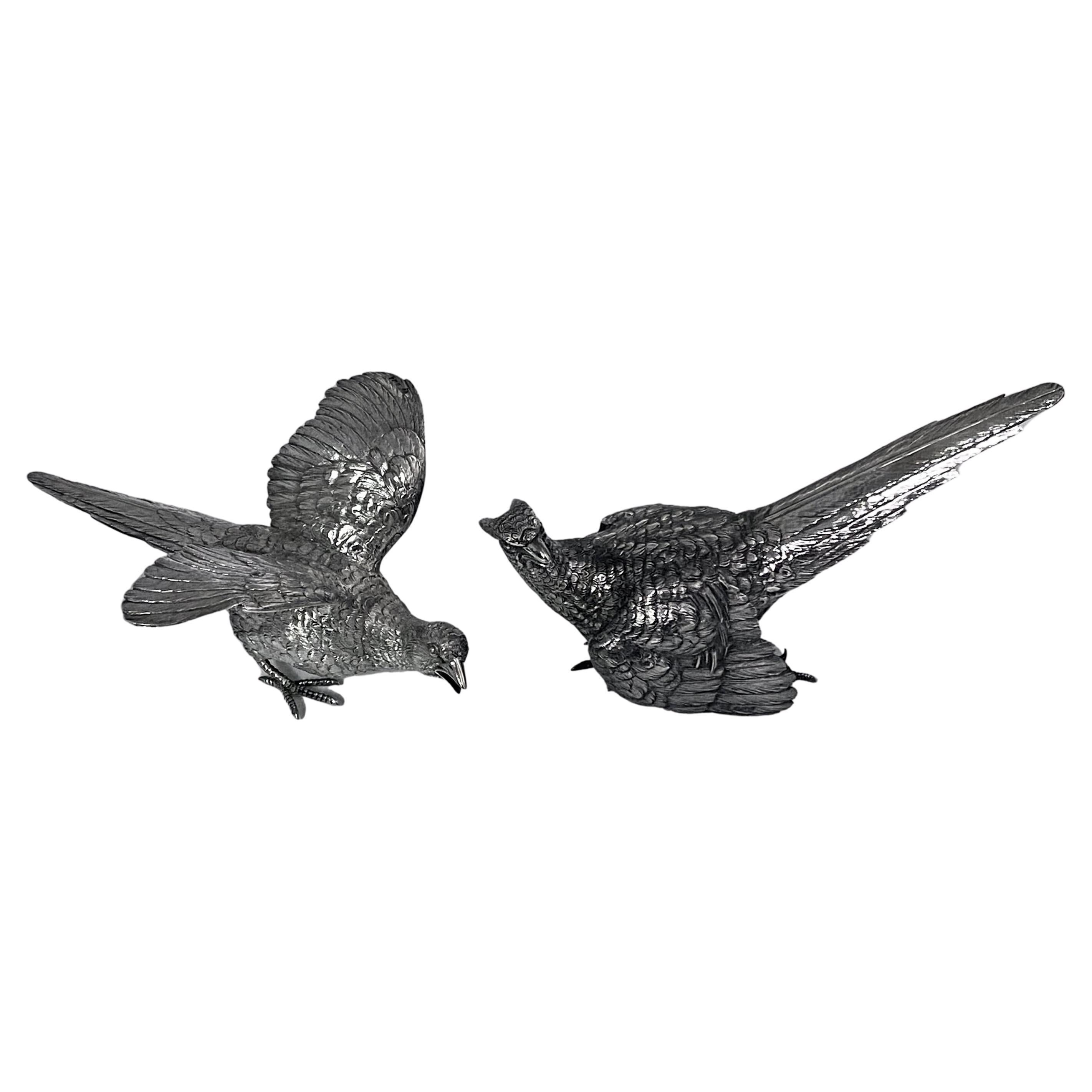 Pair of Sterling Silver Table Models of Pheasants 1926