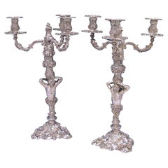 Pair of Sterling Silver Three-Light Candelabra Copies of Paul de Lamerie