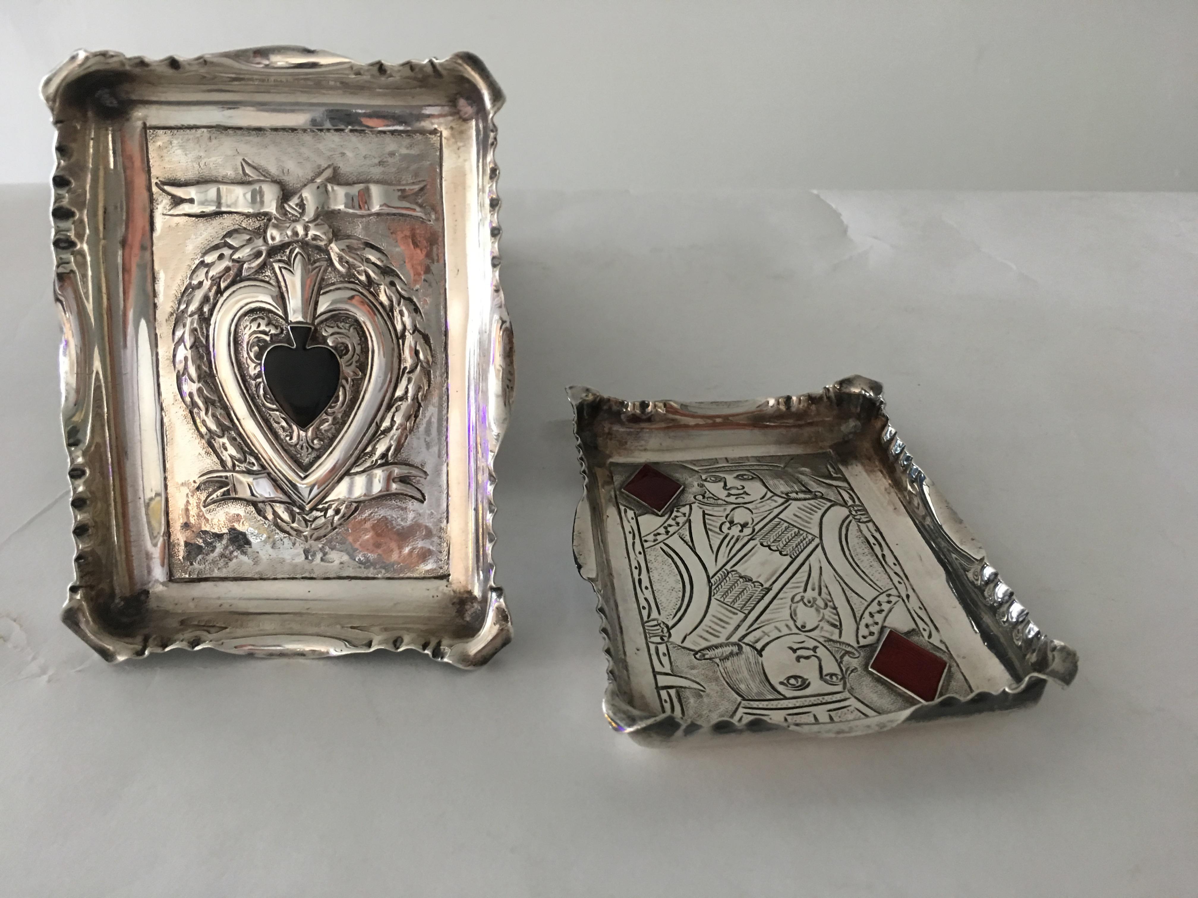Pair of sterling silver trays with stone inlay. By Millar Wilkinson, St Michaels Alley Cornhill, England 1950s, with silver stamps on reverse side.