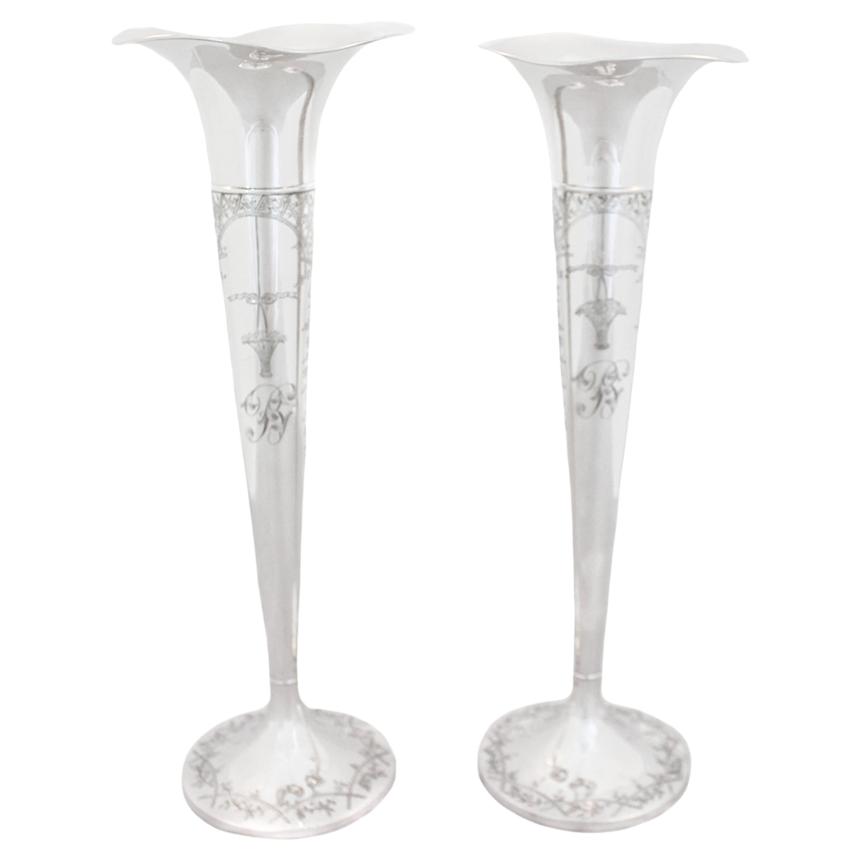 Pair of Sterling Silver Trumpet Vases For Sale