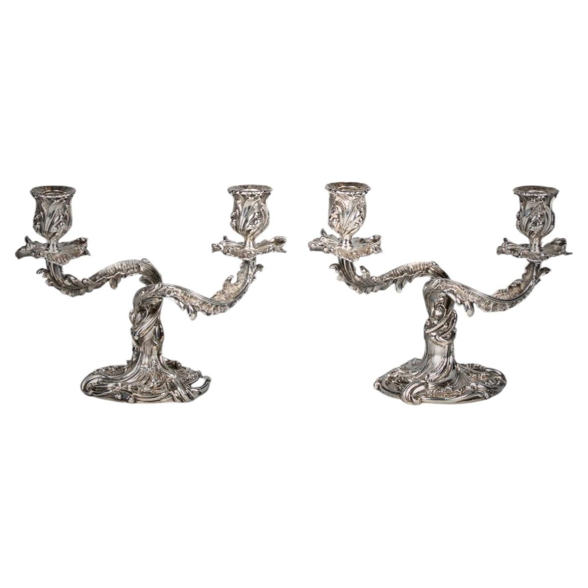 Pair of Sterling Silver Two-Lite Candelabra, Gorham, Dated 1891 For Sale
