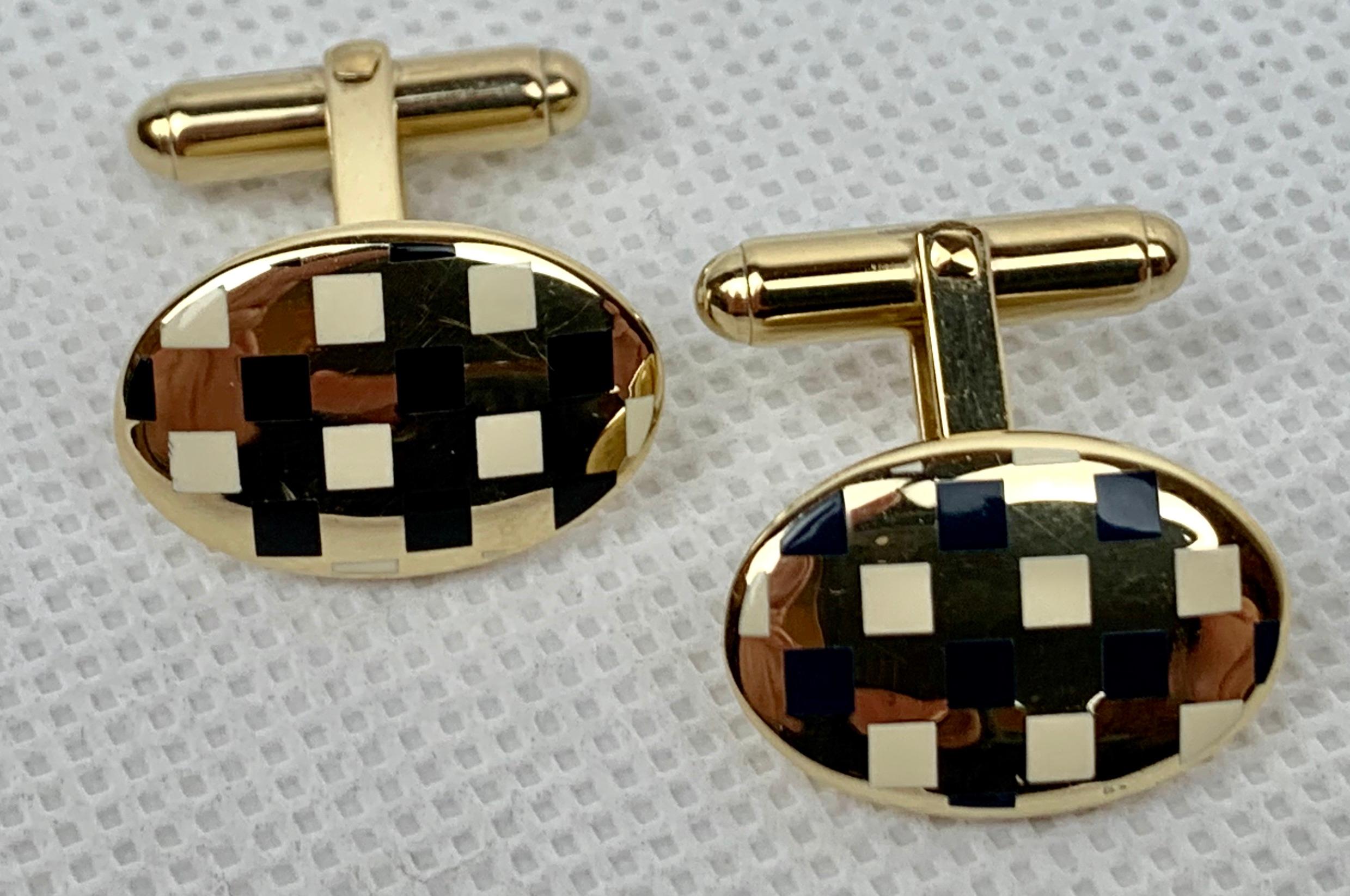 Sterling Silver (Vermeil)-Oval Cufflinks-Black/White Enamel-USA, 1960's 1