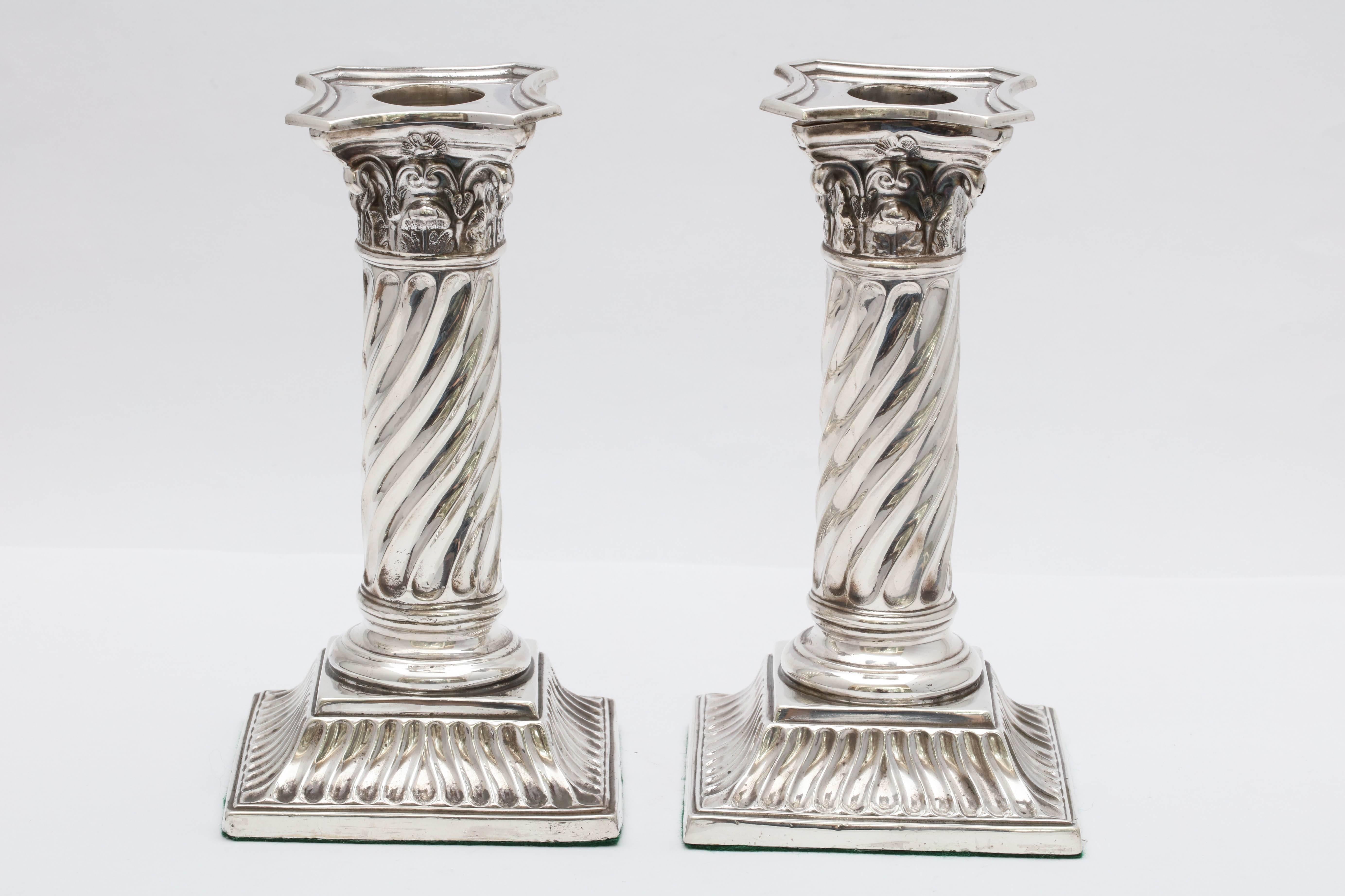 Pair of Sterling Silver Victorian Neoclassical Corinthian Column Candlesticks 1