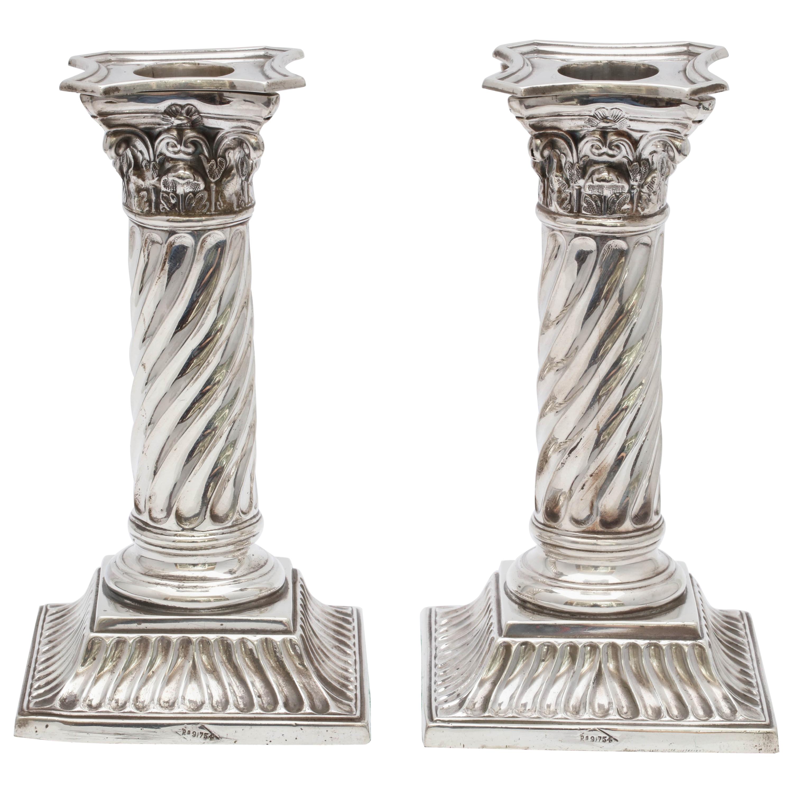 Pair of Sterling Silver Victorian Neoclassical Corinthian Column Candlesticks