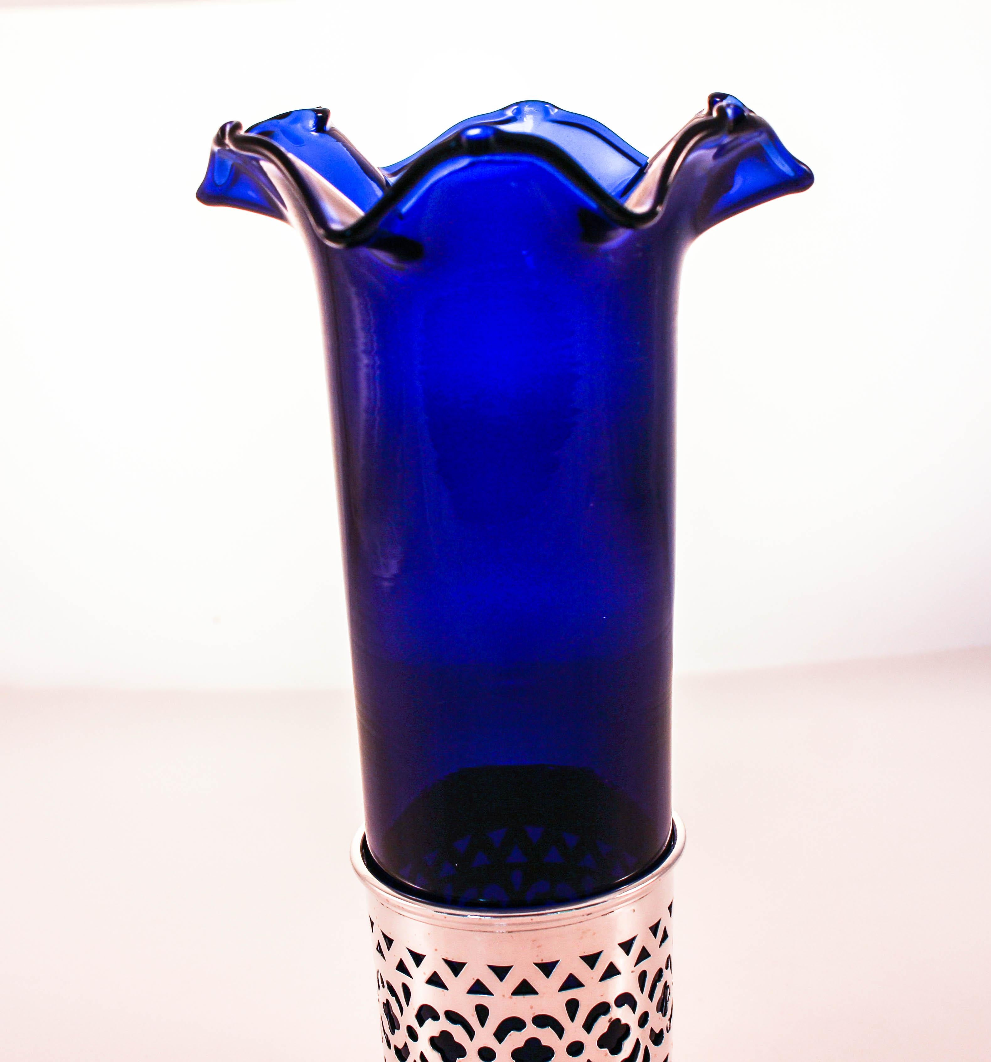 American Pair of Sterling Vases with Cobalt Liners
