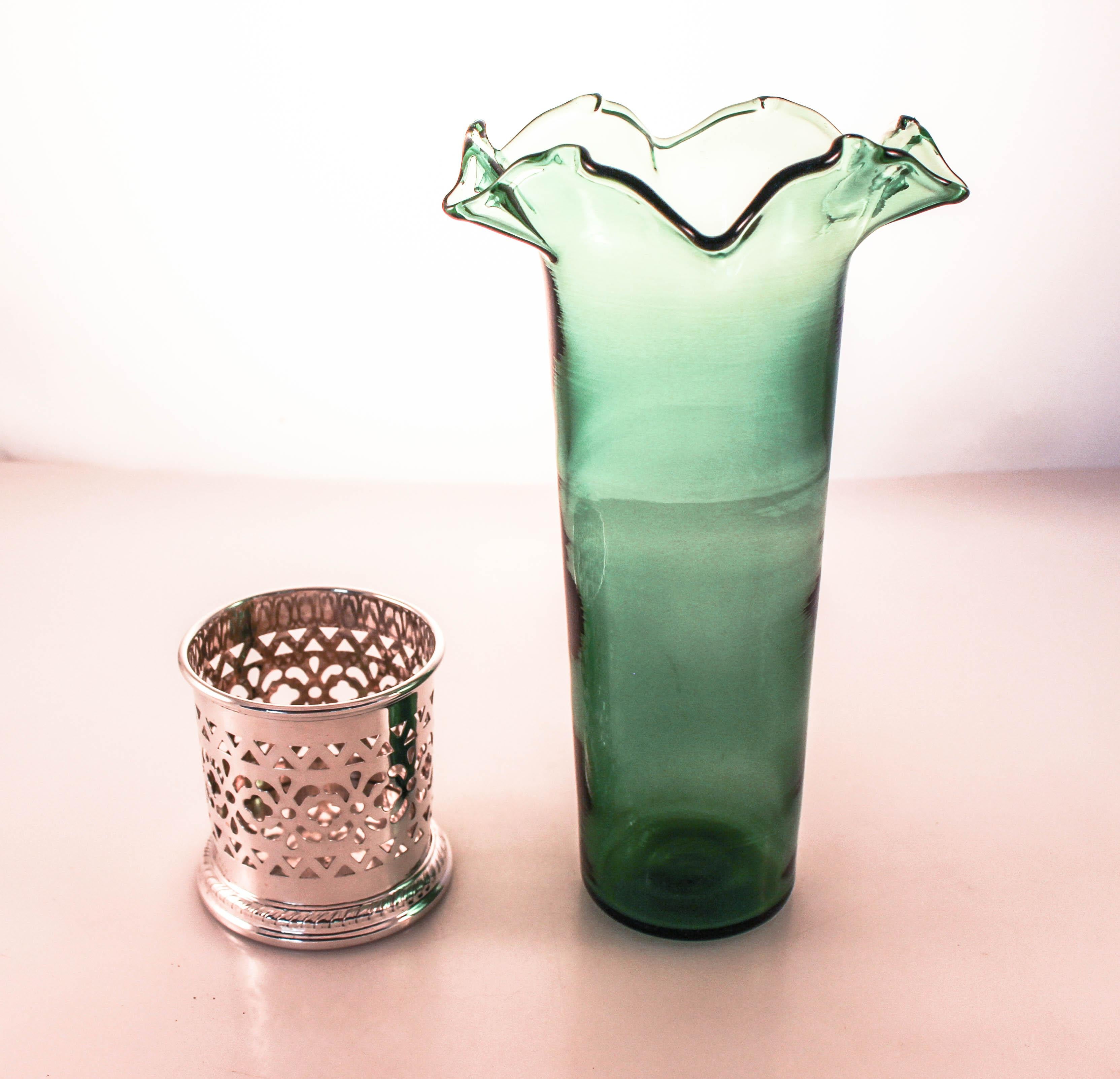 Pair of Sterling Vases with Green Crystal 2