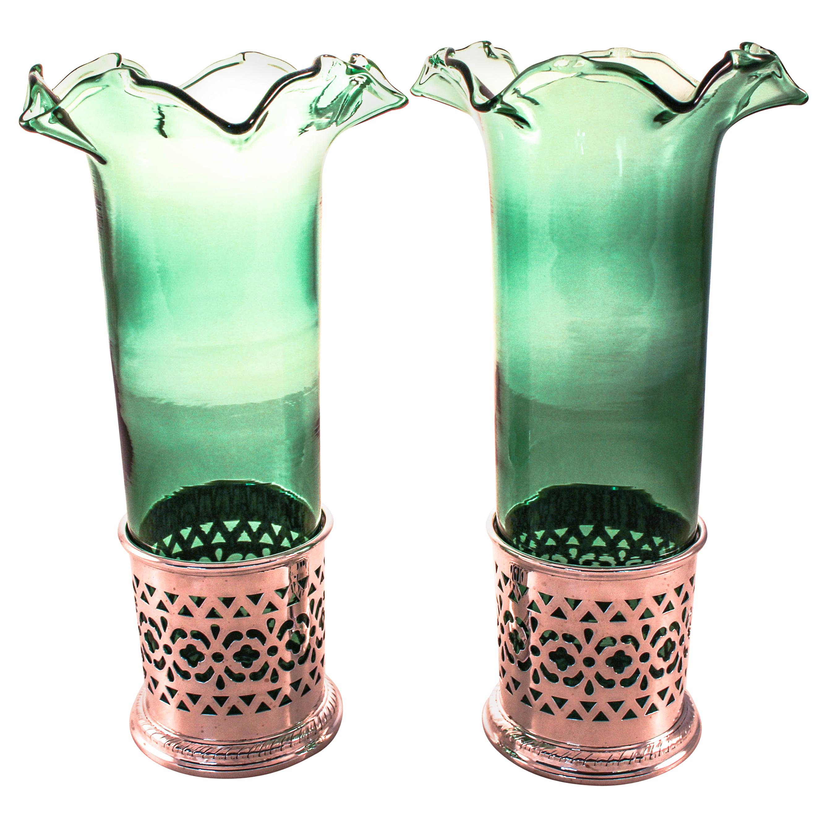Pair of Sterling Vases with Green Crystal
