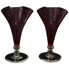 Pair of Steuben Art Glass Cranberry Swirl Cloverleaf Form Vases, 20th Century