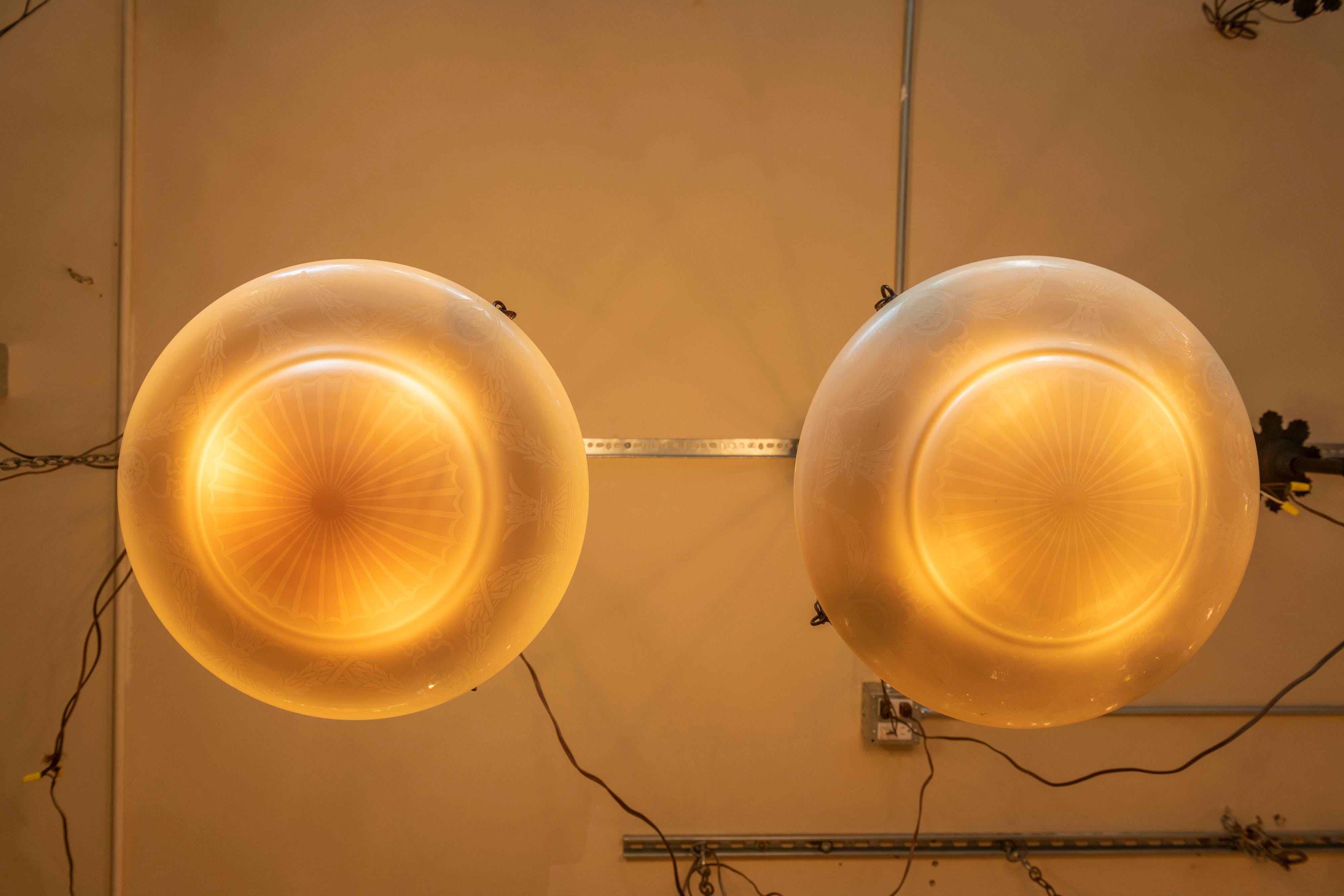 Pair of Steuben Calcite Pendants/ Bowls Chandeliers, circa 1920s 2