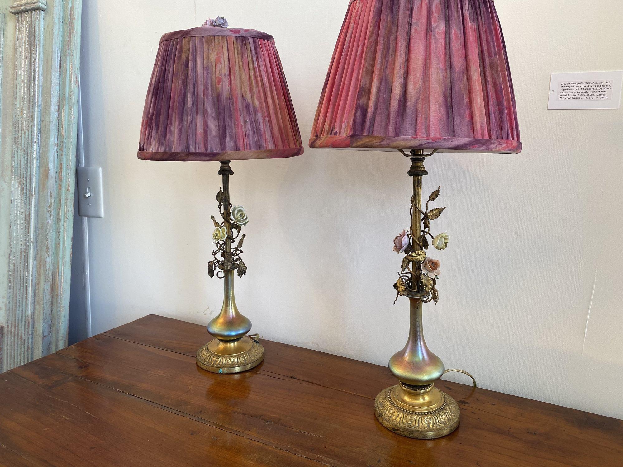 Pair of Steuben Glass Lamps with Silk Shades 2