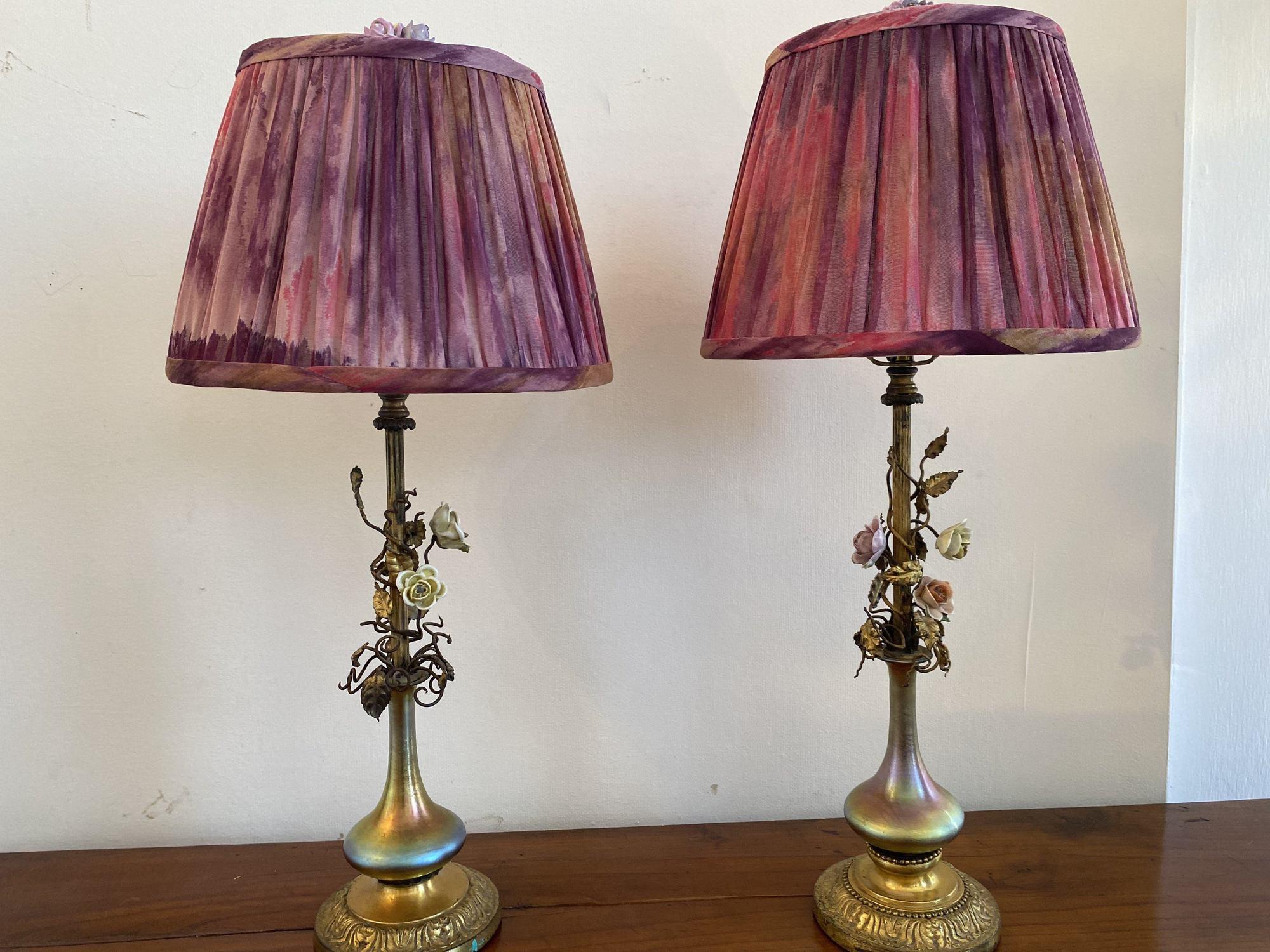 Pair of Steuben Glass Lamps with Silk Shades 3