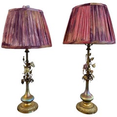 Antique Pair of Steuben Glass Lamps with Silk Shades