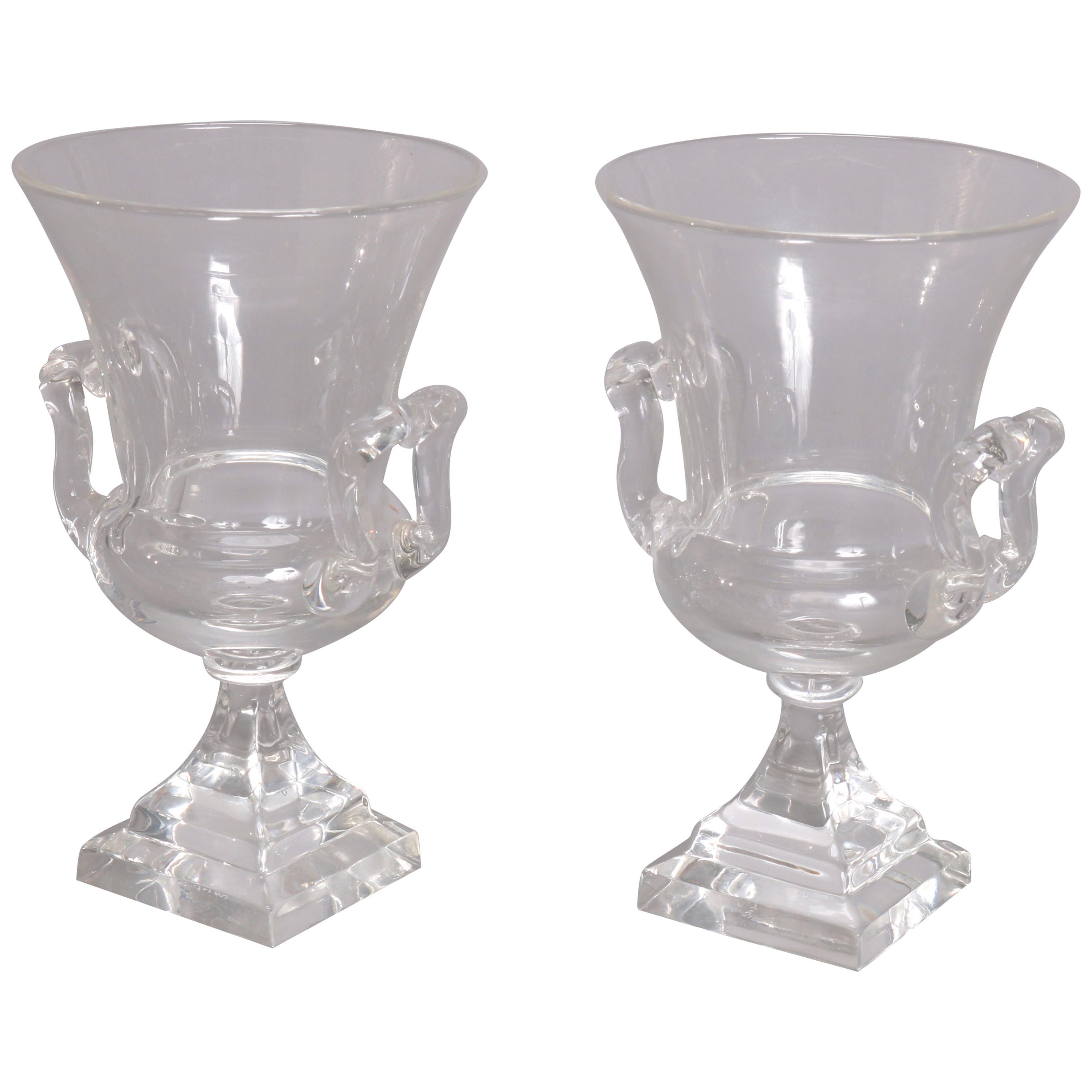 Pair of Steuben Glass Works Crystal Double Handle Urn, Signed, 20th Century
