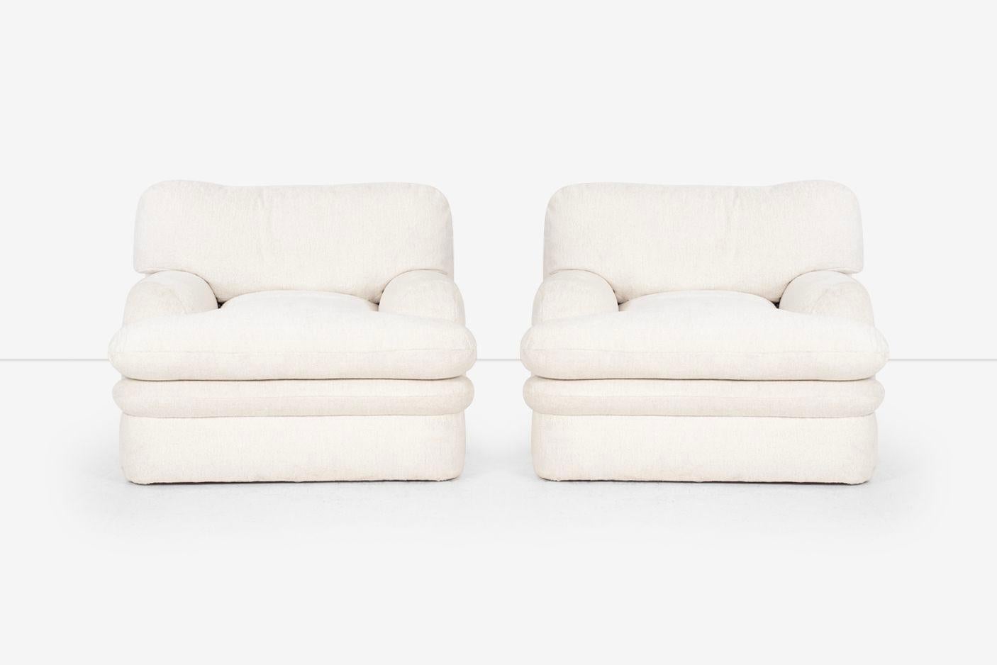 Pair of Steven Chase Oversized Lounges from Palm Springs Commission, Reupholstered with cotton fabric, seat and back pillows down filled

Dimensions:
28.50