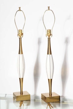 Tall Pair Stewart Ross James White Incised Table Lamps with Bright Brass Accents