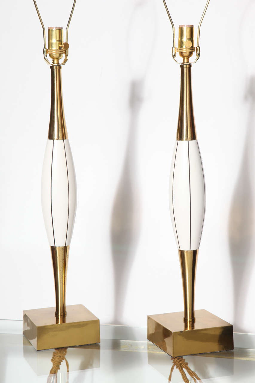 American Tall Pair of Stewart Ross James Bright Brass & White Incised Table Lamps For Sale