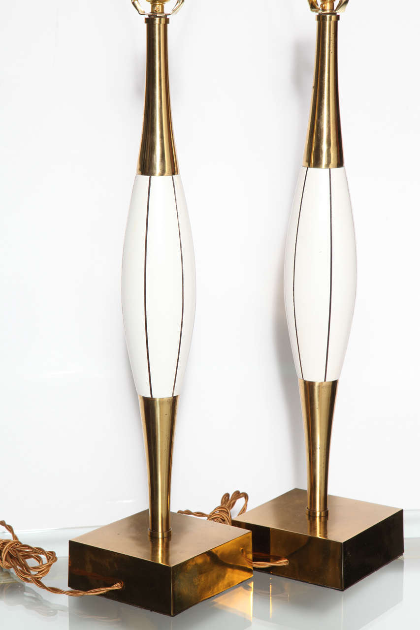 Painted Tall Pair of Stewart Ross James Bright Brass & White Incised Table Lamps For Sale