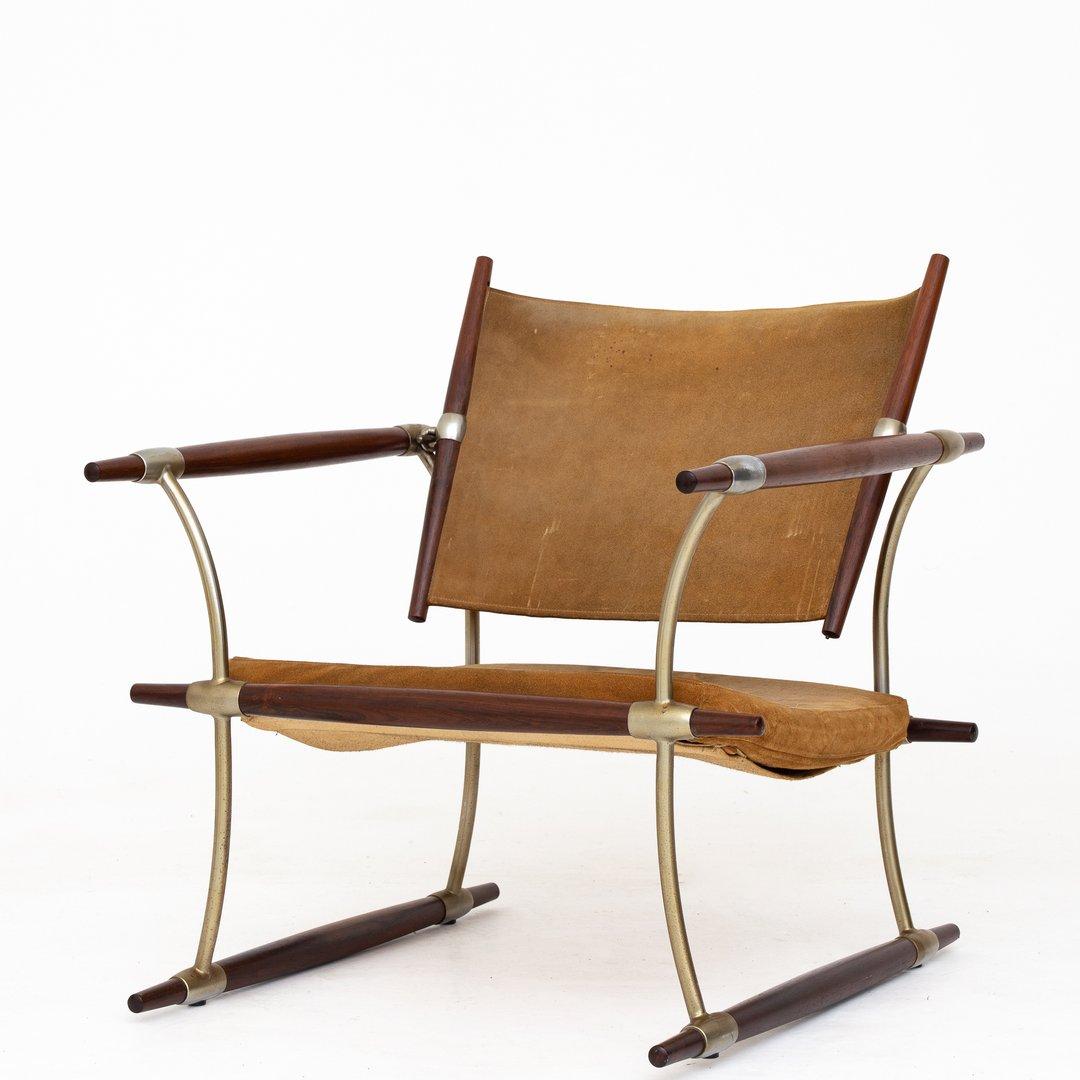 Pair of stick chairs in rosewood with original green suede. Designed in 1965. Maker Nissen, Langå.