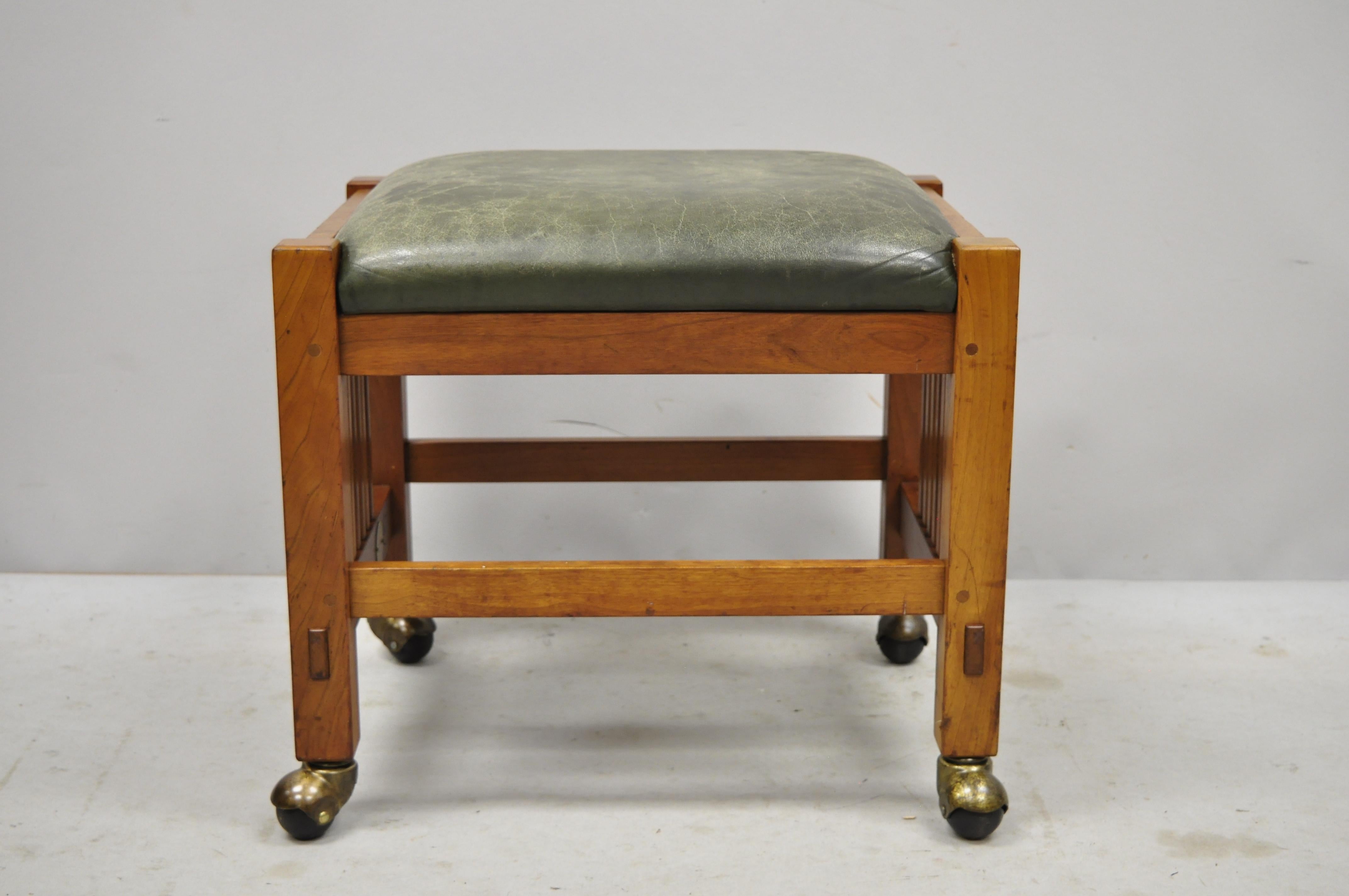 Pair of Stickley Mission Arts & Crafts Cherrywood Green Leather Ottoman Stools 5