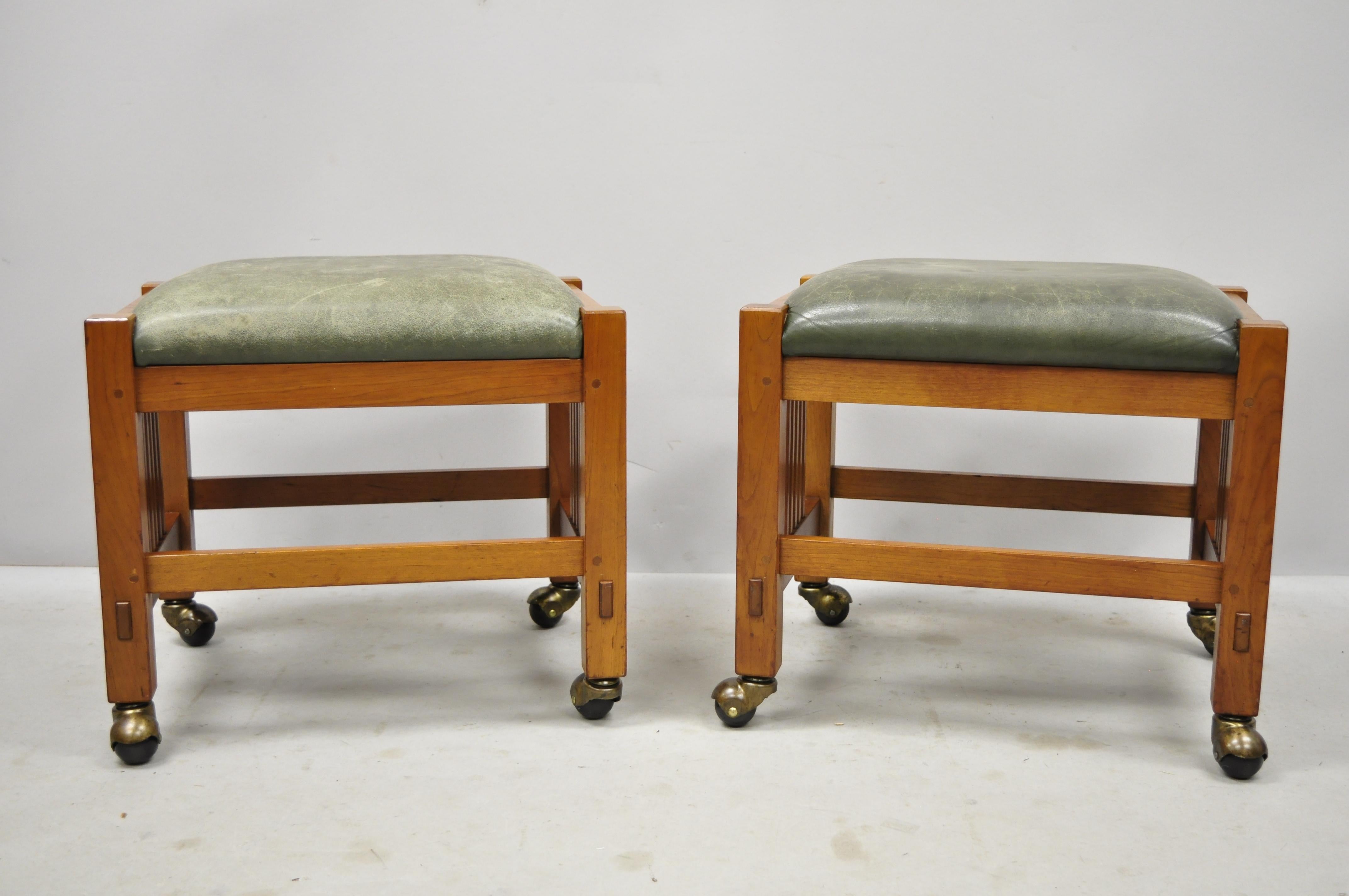 Pair of Stickley Mission Arts & Crafts Cherrywood Green Leather Ottoman Stools 6
