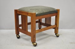 Pair of Stickley Mission Arts & Crafts Cherrywood Green Leather Ottoman Stools