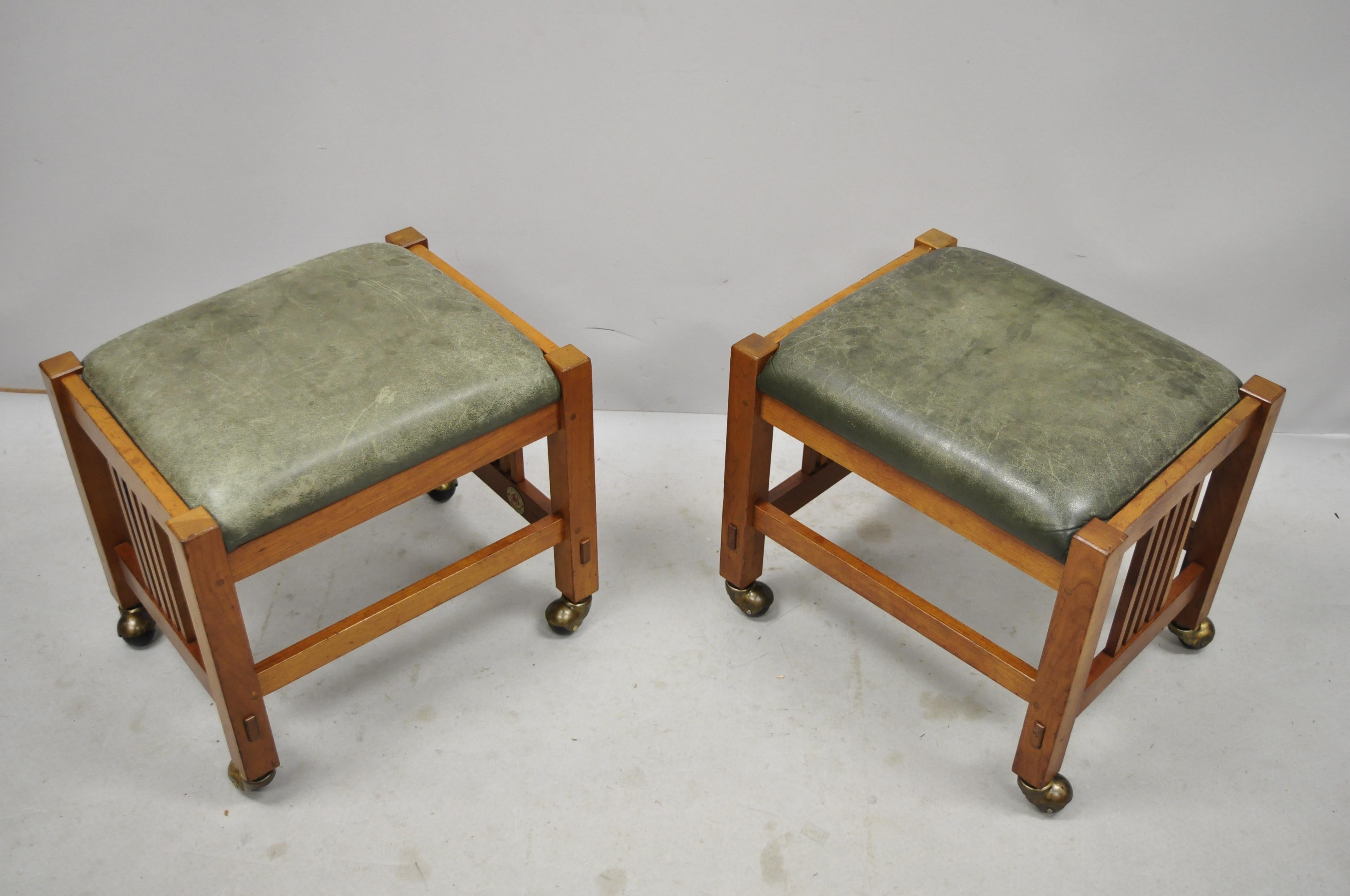 Arts and Crafts Pair of Stickley Mission Arts & Crafts Cherrywood Green Leather Ottoman Stools