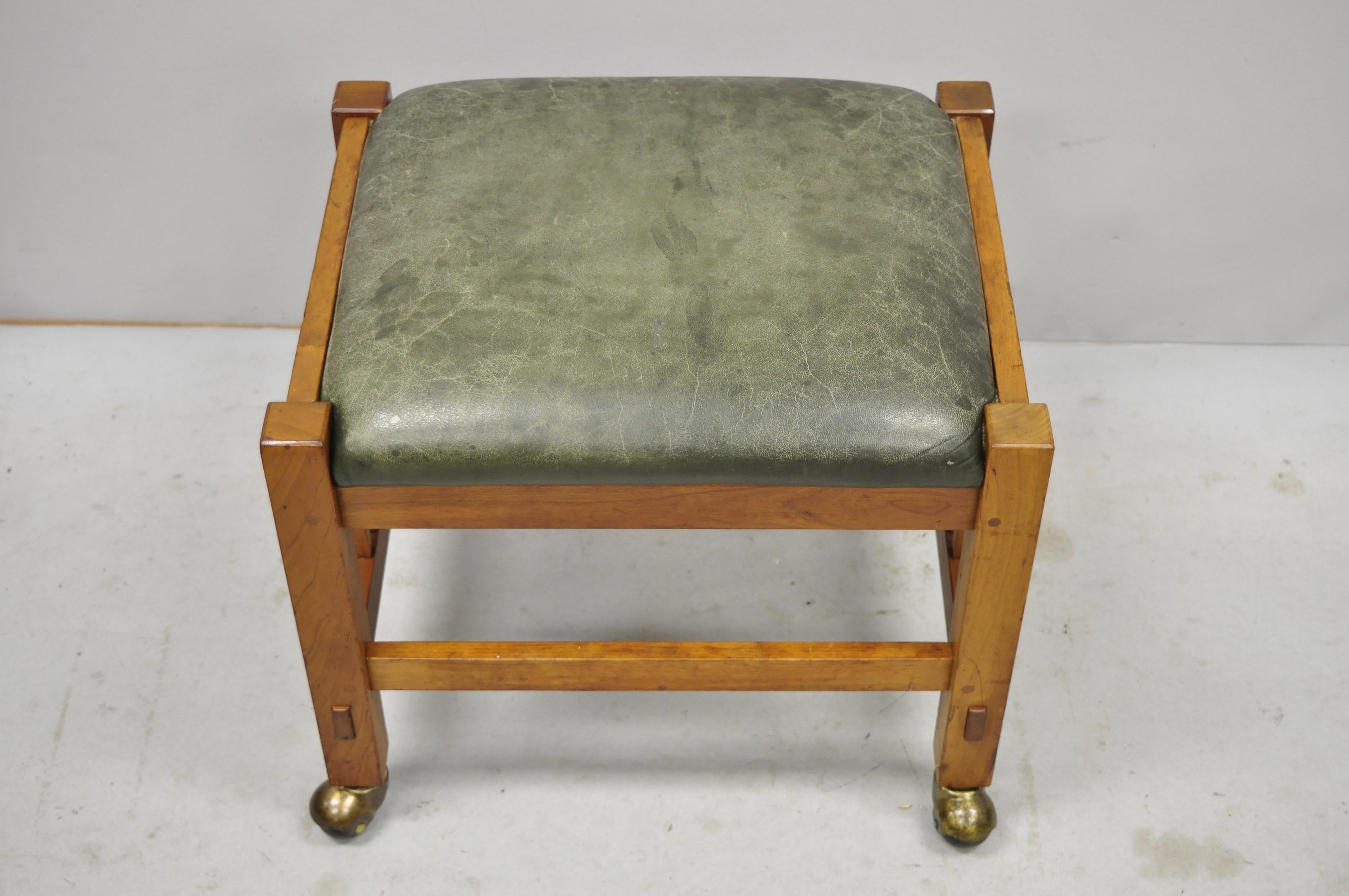 Contemporary Pair of Stickley Mission Arts & Crafts Cherrywood Green Leather Ottoman Stools