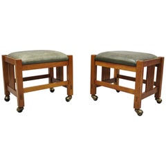 Pair of Stickley Mission Arts & Crafts Cherrywood Green Leather Ottoman Stools